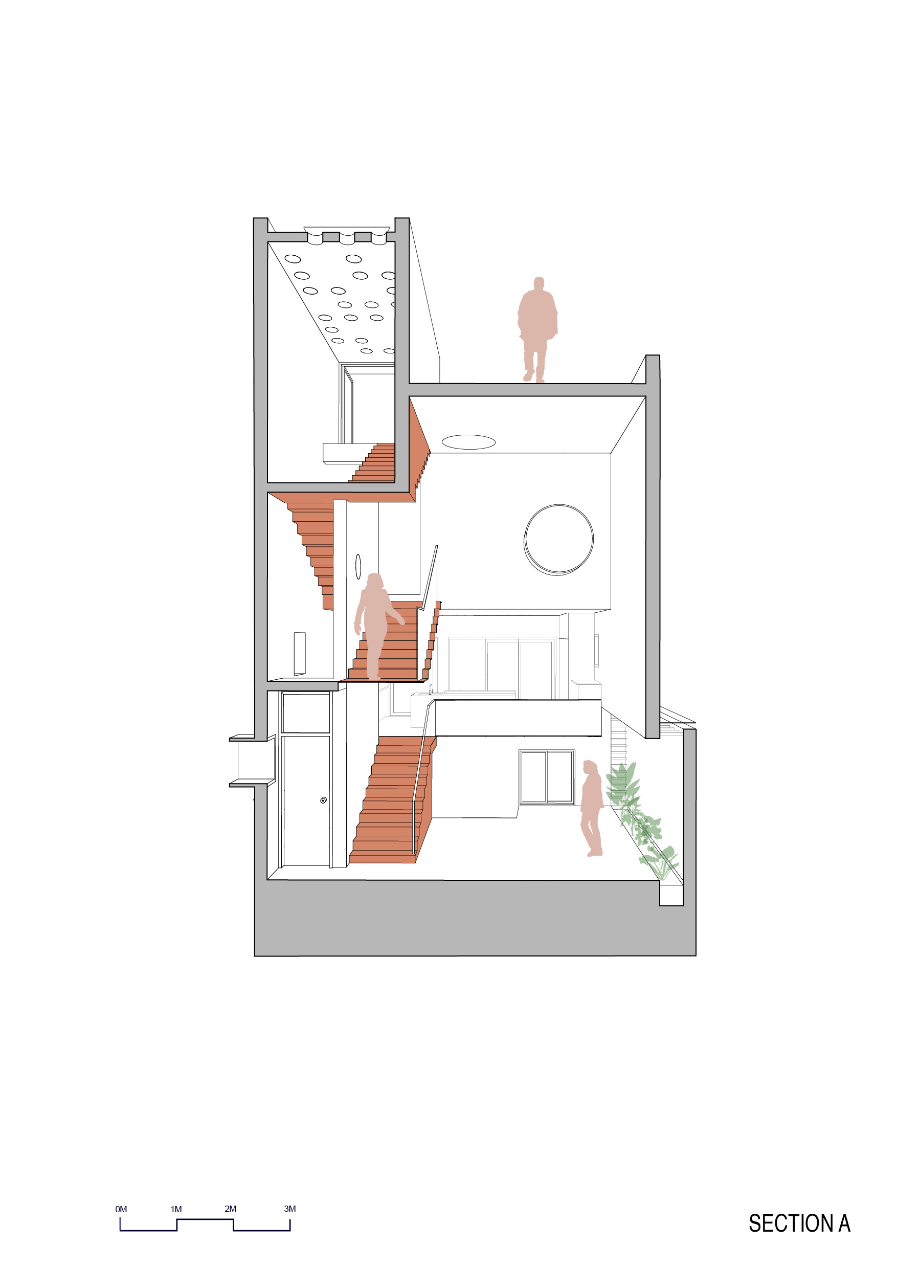 Section drawing showing rust-coloured staircases linking stacked floors, a round window in the tall living space and a perforated roof volume, with figures for