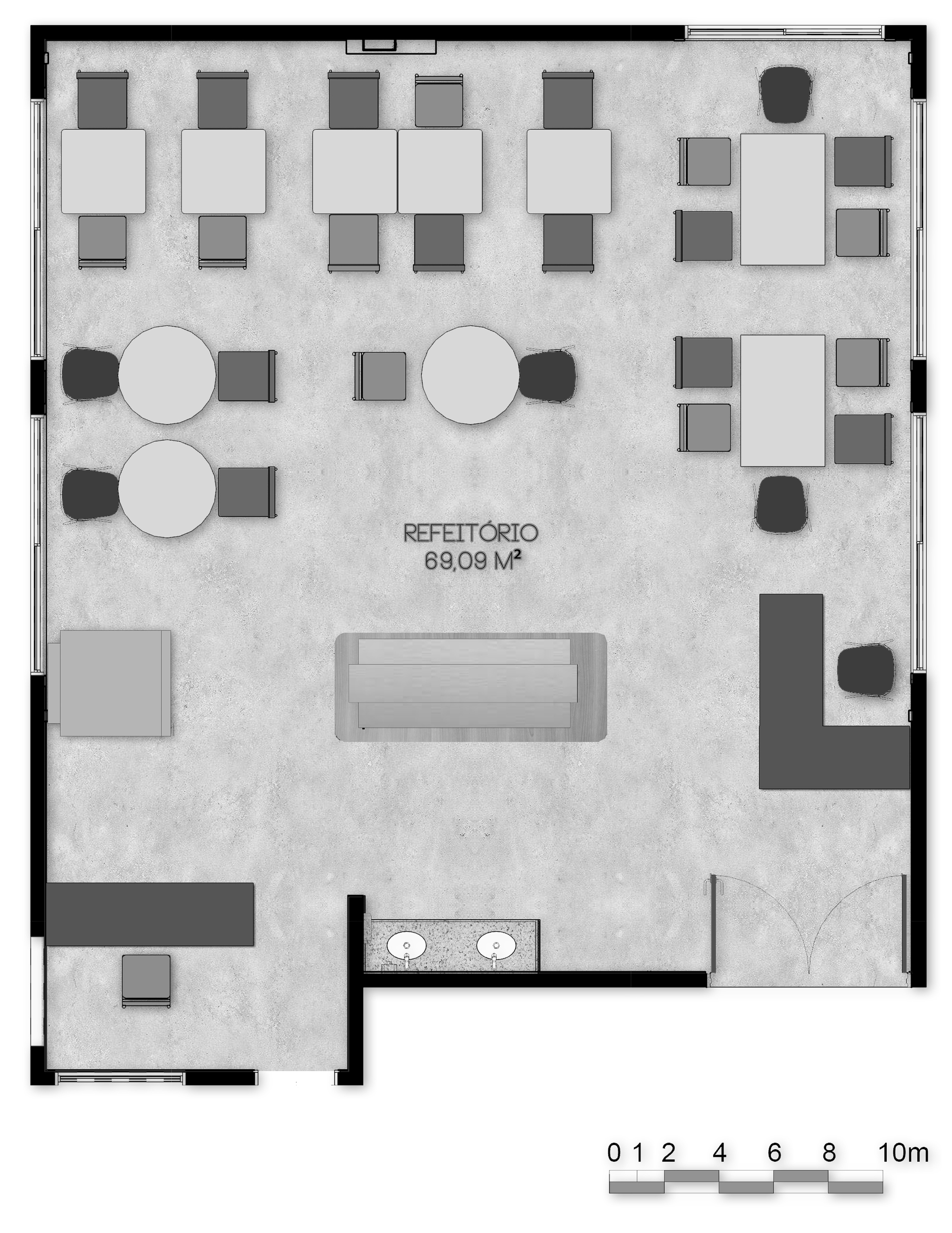 Floor plan drawing of a refectory with square and round tables, a central counter, a serving bar and a small restroom alcove