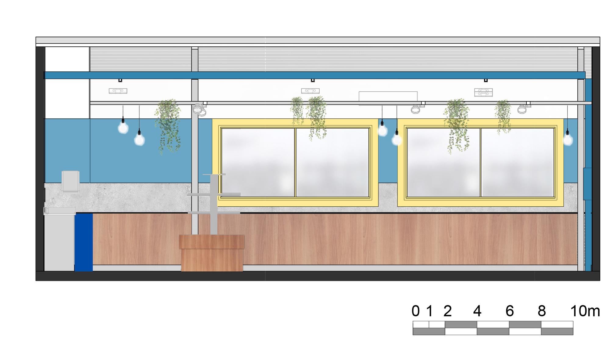 Interior elevation drawing of a long wall with two yellow-framed windows, timber paneling, a blue band and hanging plants and bulbs