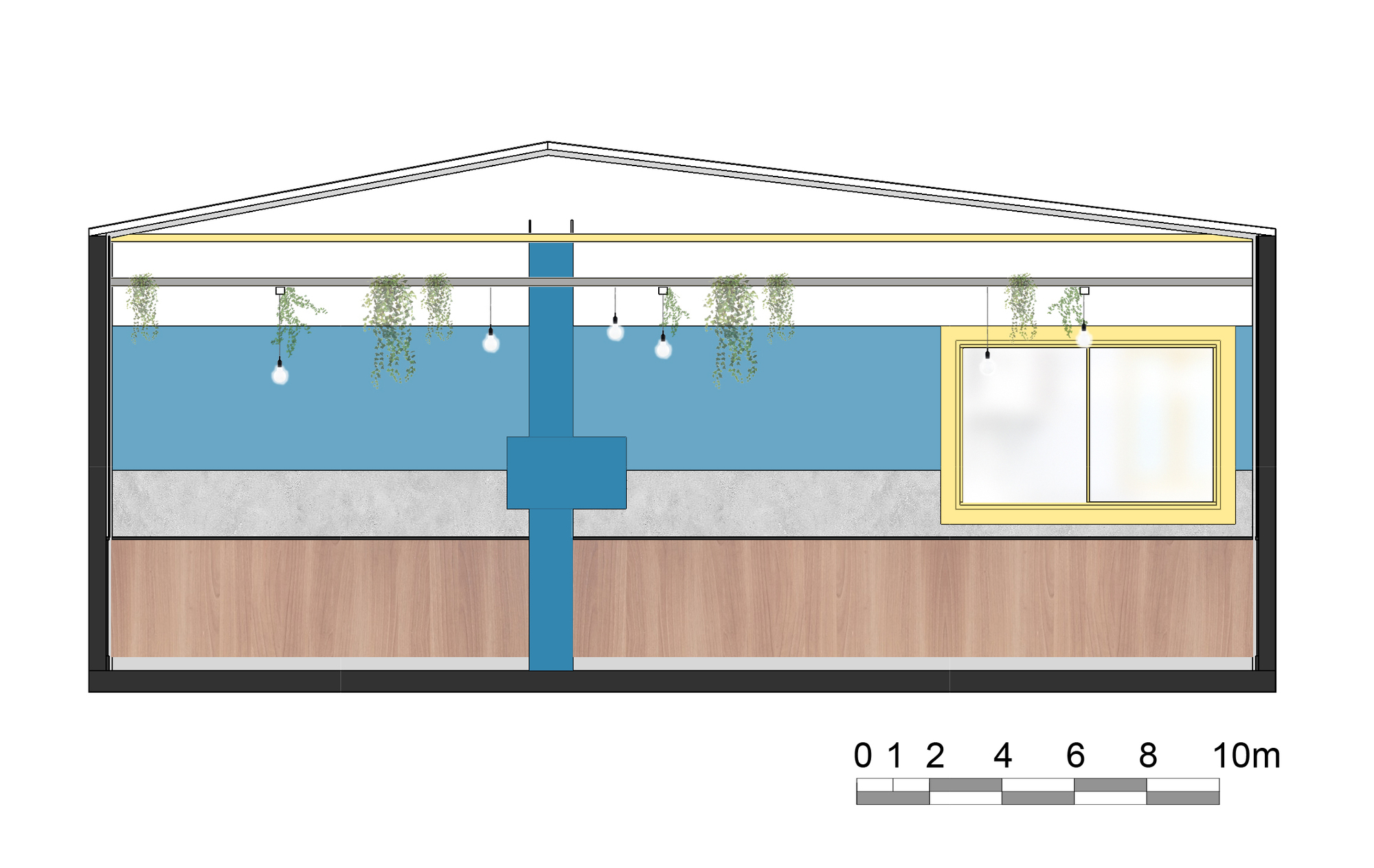 Section drawing of a gabled hall showing a blue column, a yellow-framed window, timber paneling and pendant bulbs with trailing plants