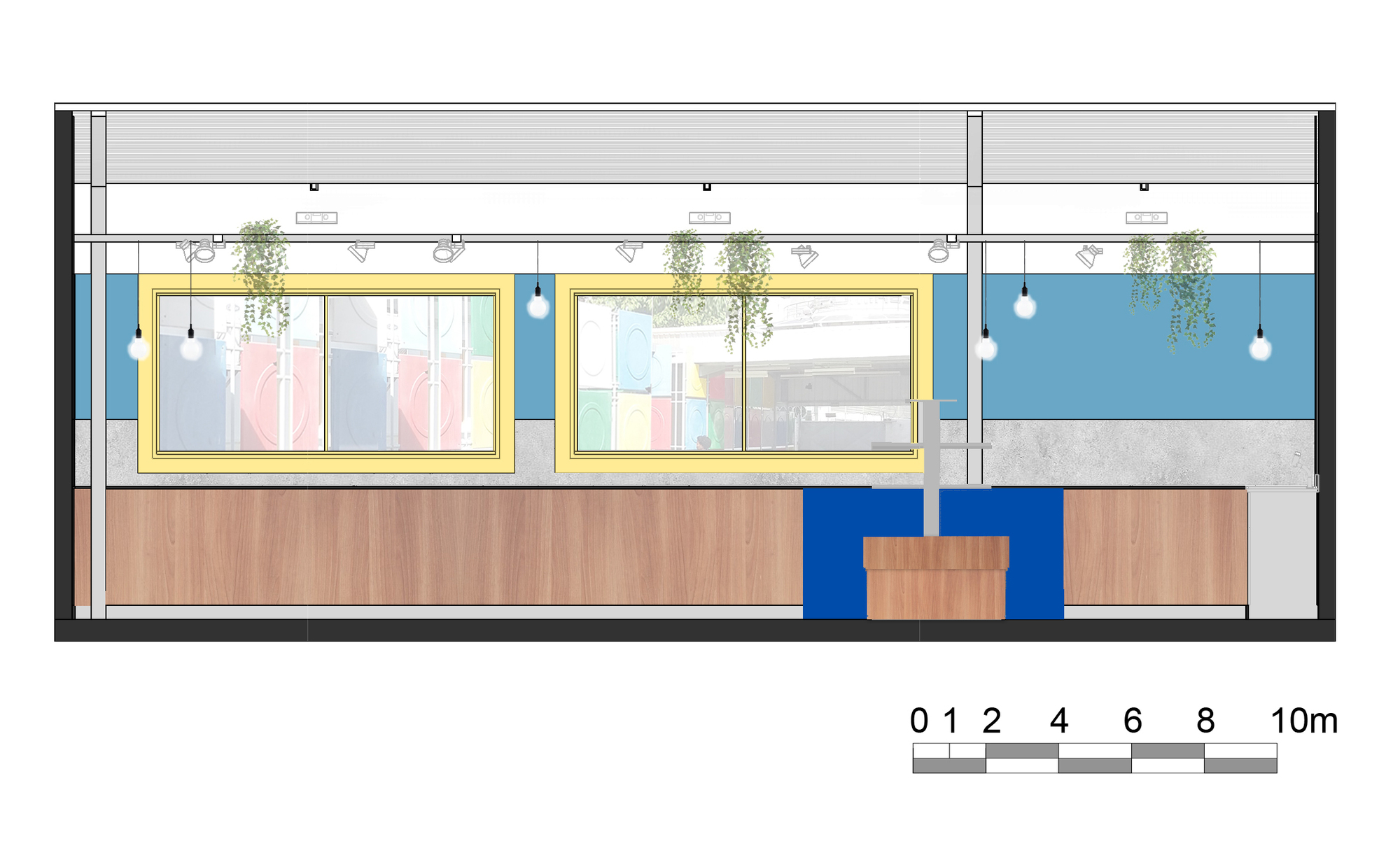 Interior elevation drawing of a wall with two yellow-framed windows, a blue recess holding a planter box, and hanging plants above timber paneling