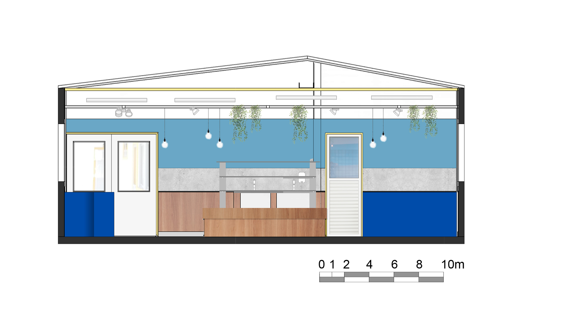 Section drawing of a gabled room with a double door, a louvered door, a timber service counter and a blue wall band