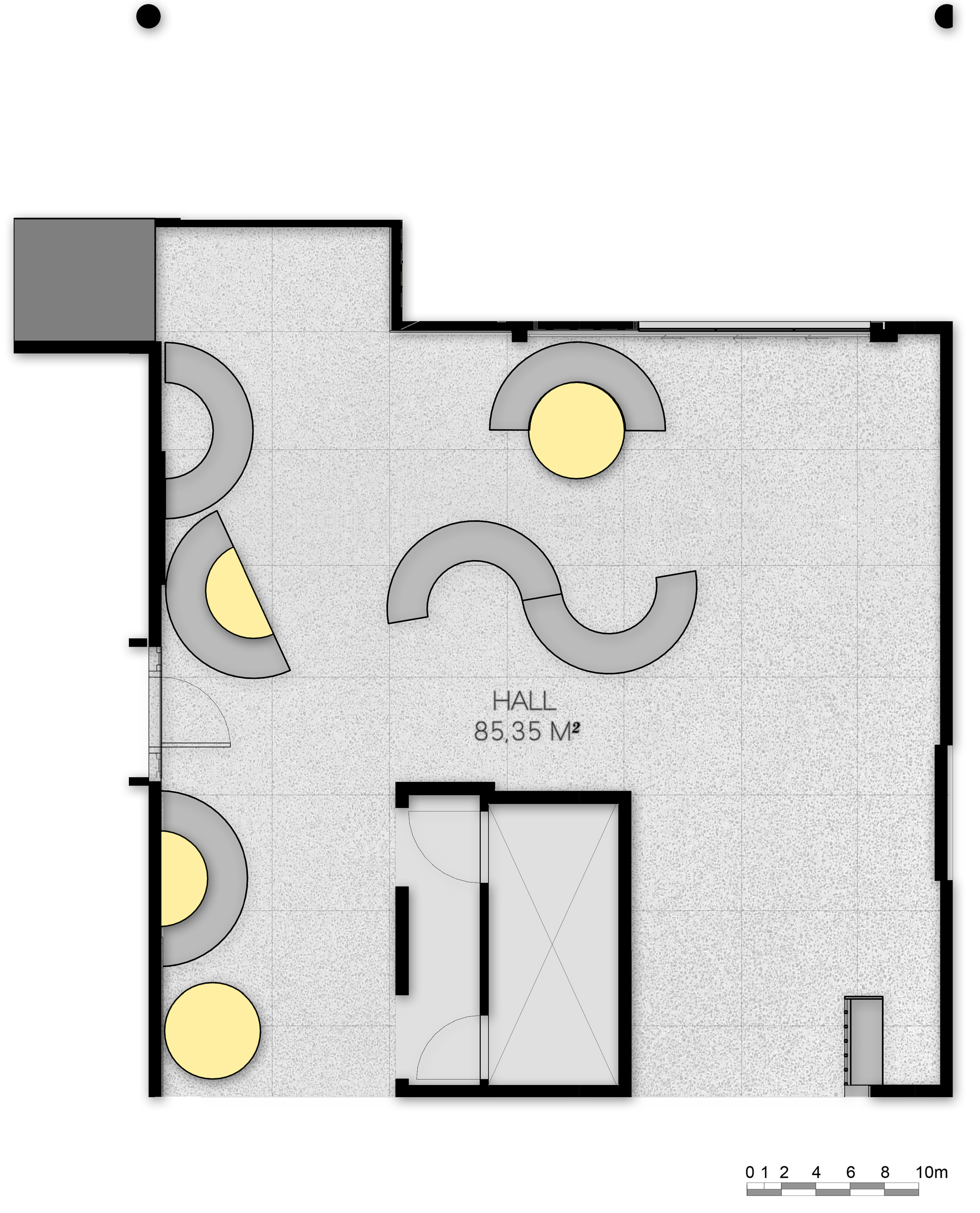 Floor plan drawing of a hall with curved seating pieces, yellow round tables and a central elevator core