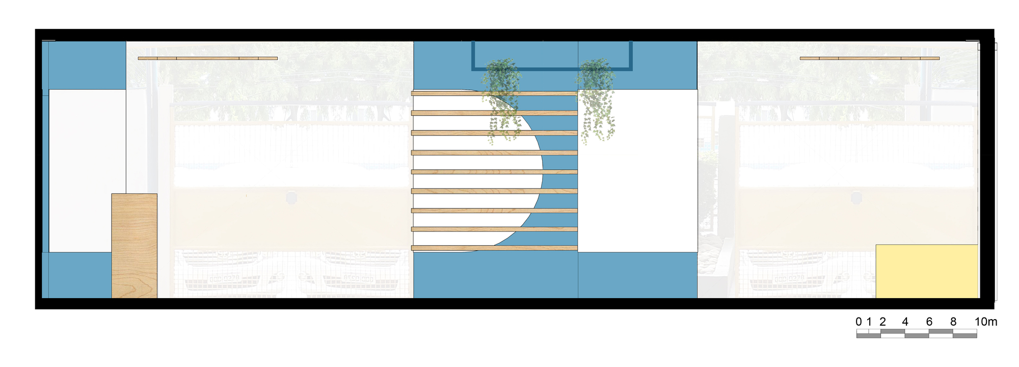 Elevation drawing of a blue and white wall with horizontal timber slats, a semicircular cutout and hanging plants