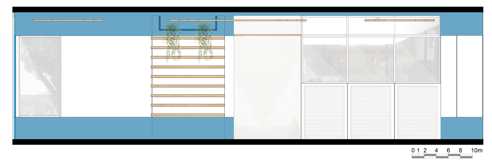Elevation drawing of a blue-framed wall with timber slats, hanging planters, glazed panels and louvered white doors
