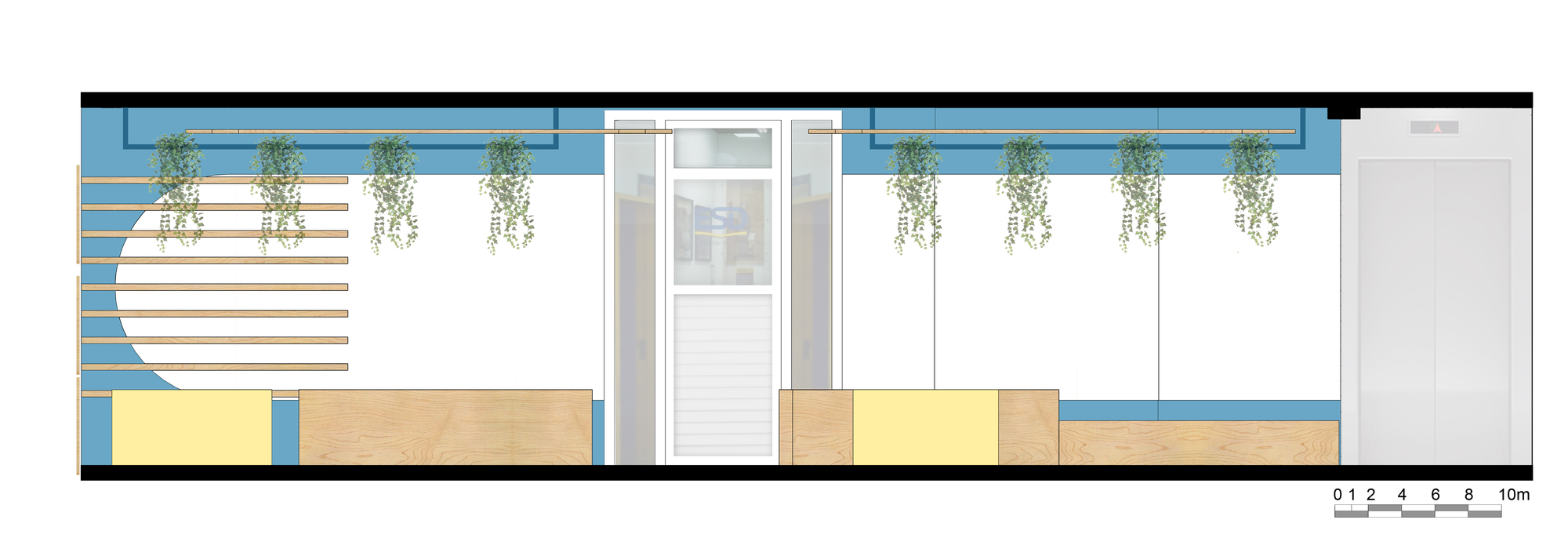 Elevation drawing of a reception wall with timber counters, yellow panels, hanging plants, a glazed door and an elevator