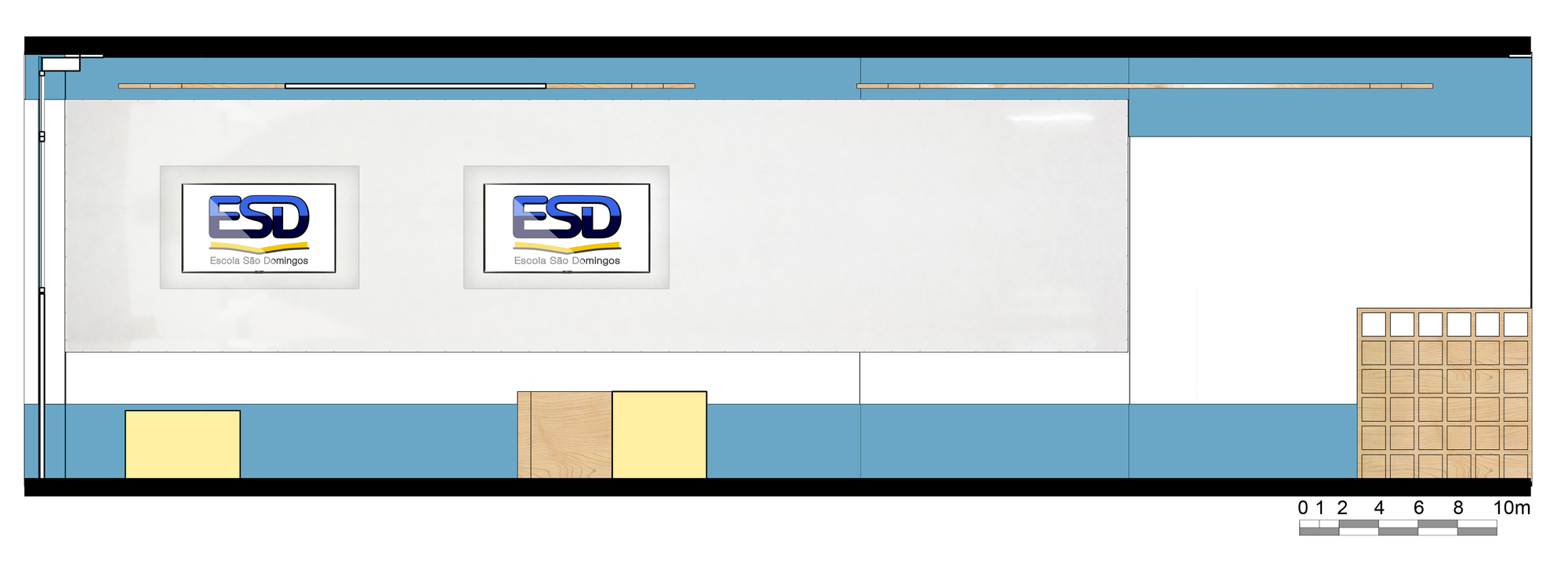Elevation drawing of a white wall with two school logo screens, blue base and a timber cubby shelf unit