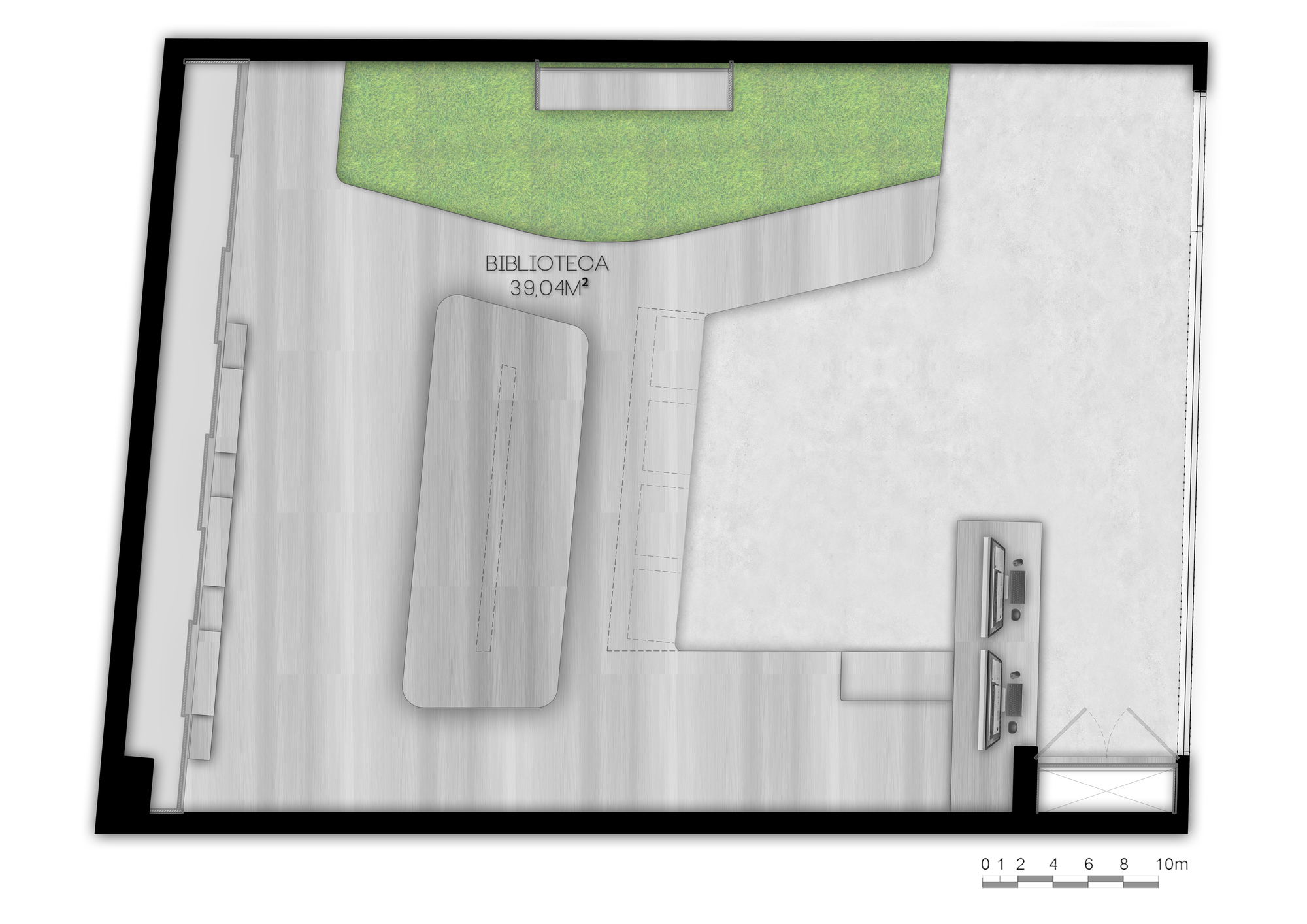 Floor plan drawing of a library with a long central table, a green planted area and two computer desks