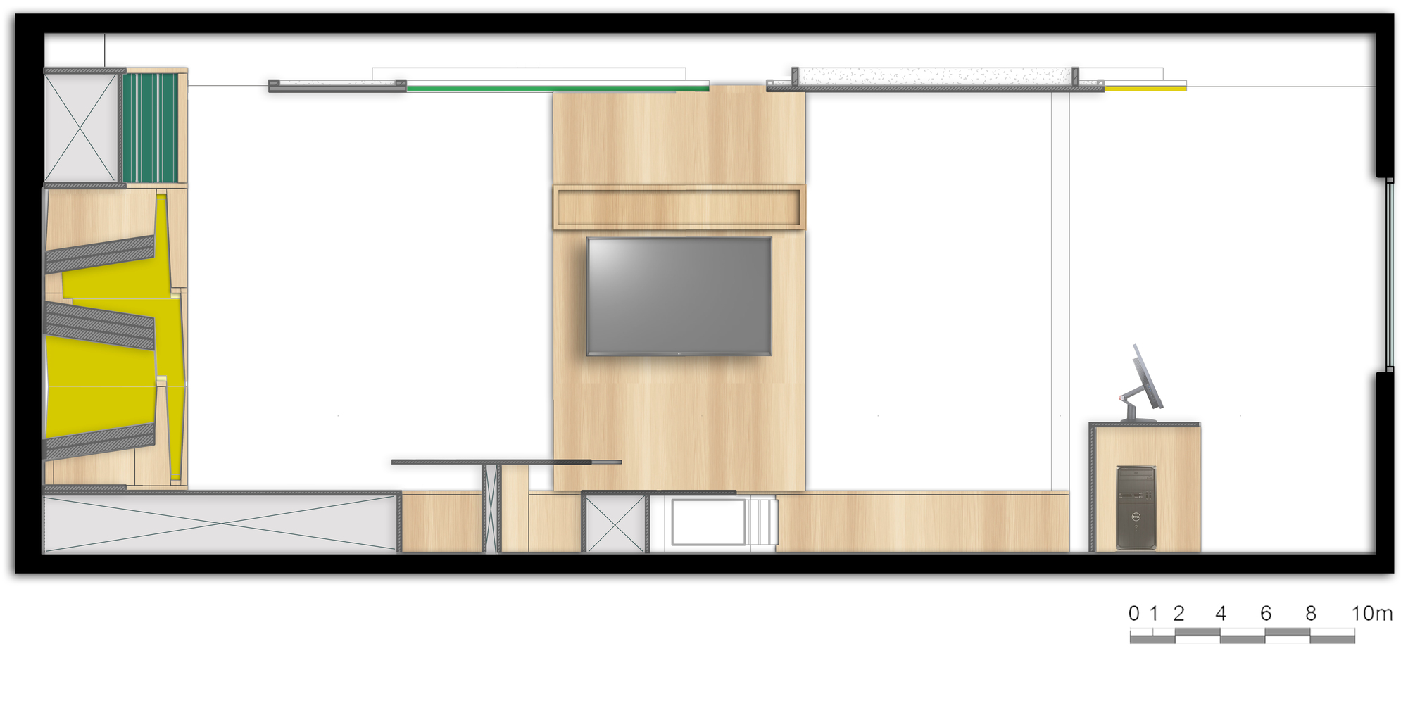 Plan drawing of a long rectangular room showing a timber wall with a mounted television, built-in joinery and a yellow tiered seating nook