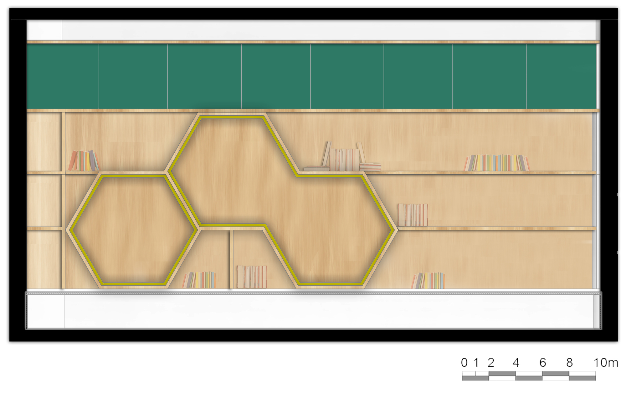 Elevation drawing of a wood-paneled wall with hexagonal yellow-edged shelves, scattered books and a row of green panels above