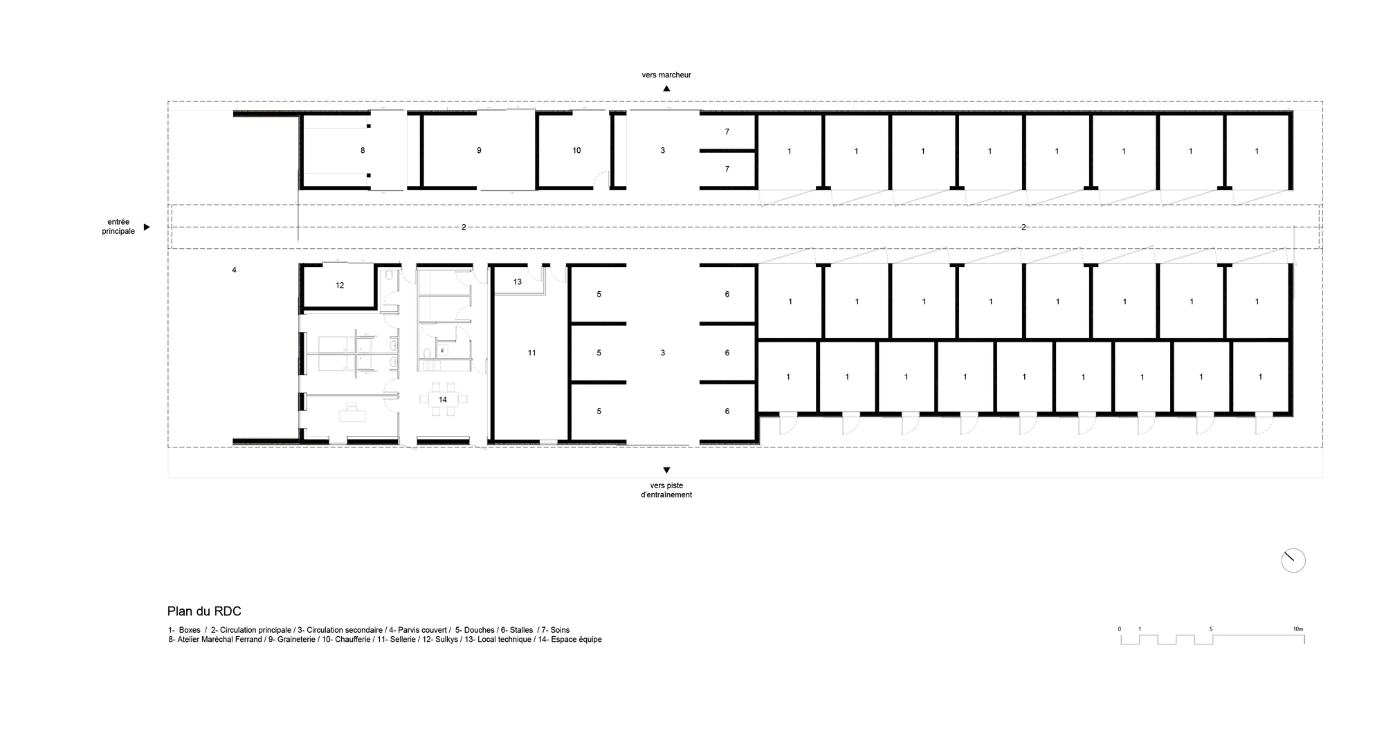 Ground floor plan drawing showing two rows of stable boxes, a central circulation spine and service rooms at one end