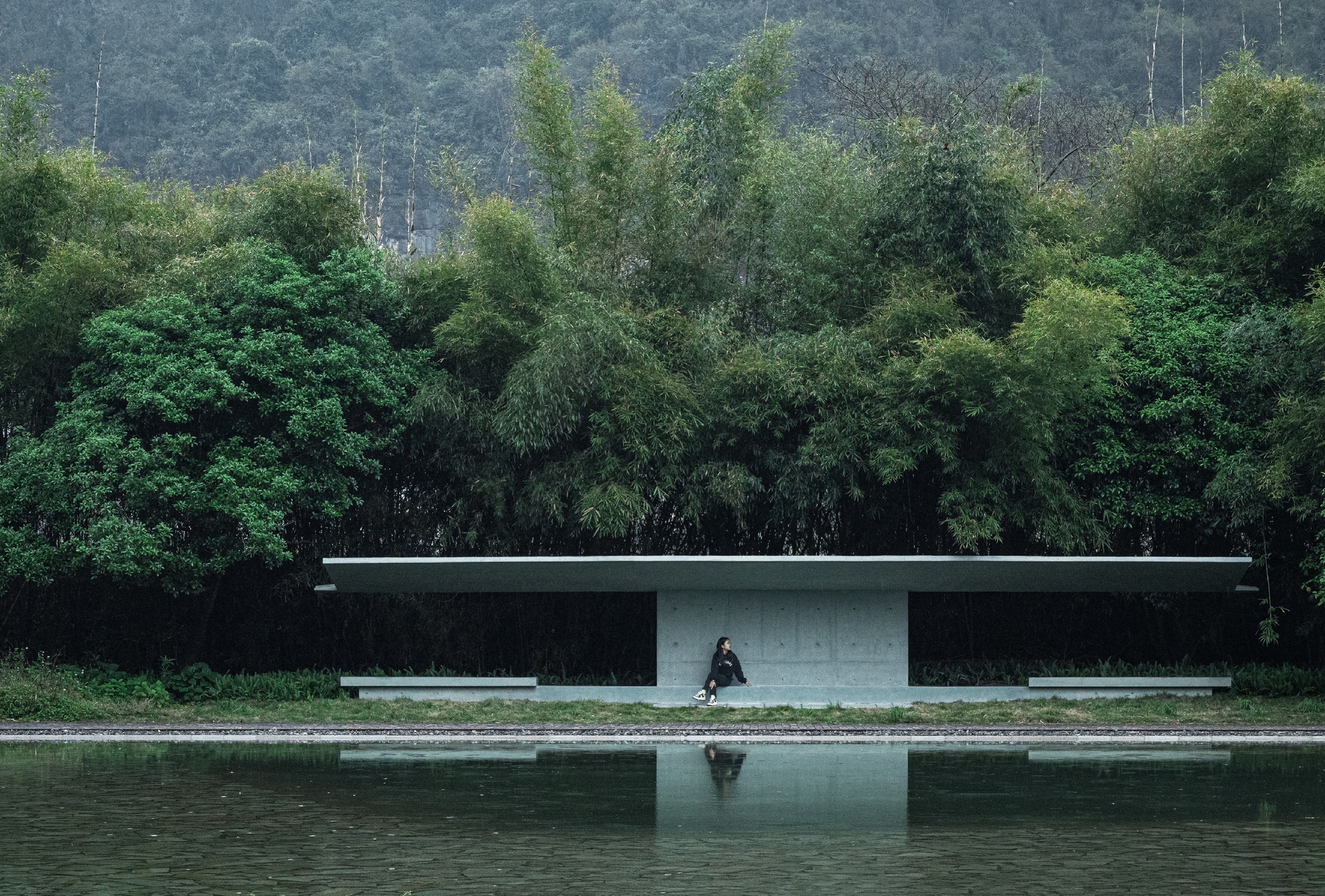 Flat-roofed concrete pavilion with a seated figure, mirrored in still water in front of a dense bamboo grove
