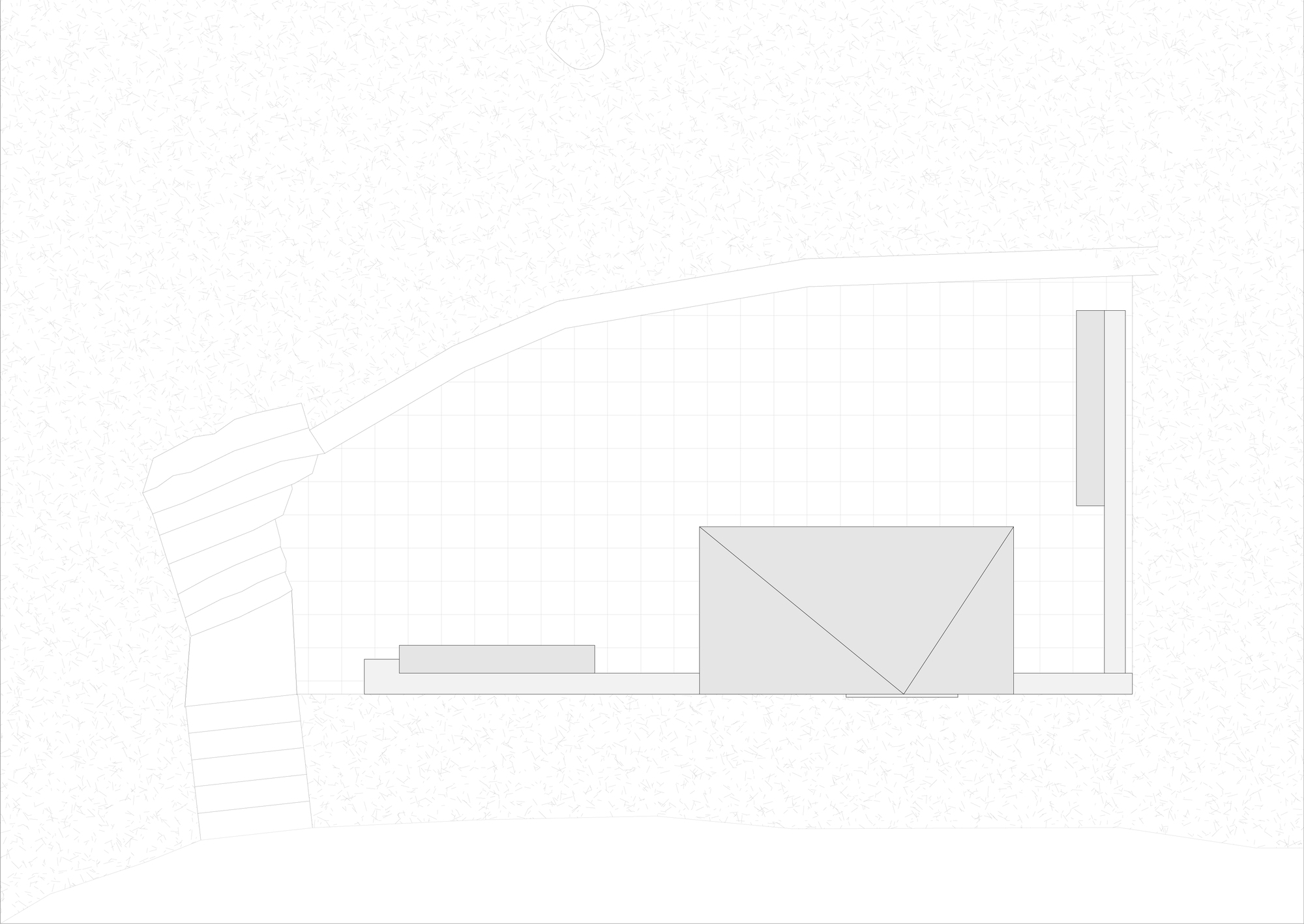 Plan drawing of a small pavilion with a diagonally folded roof, a bench and a stepped path on a gridded ground