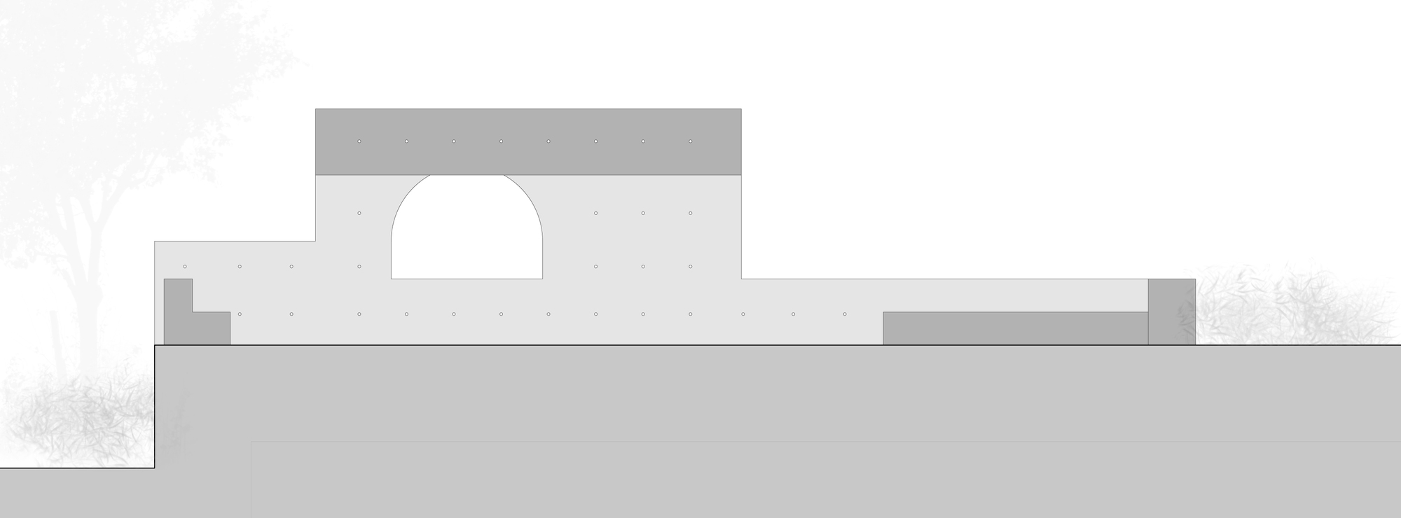 Elevation drawing of a low concrete wall with an arched opening and a dark slab above, set beside sketched shrubs and a tree