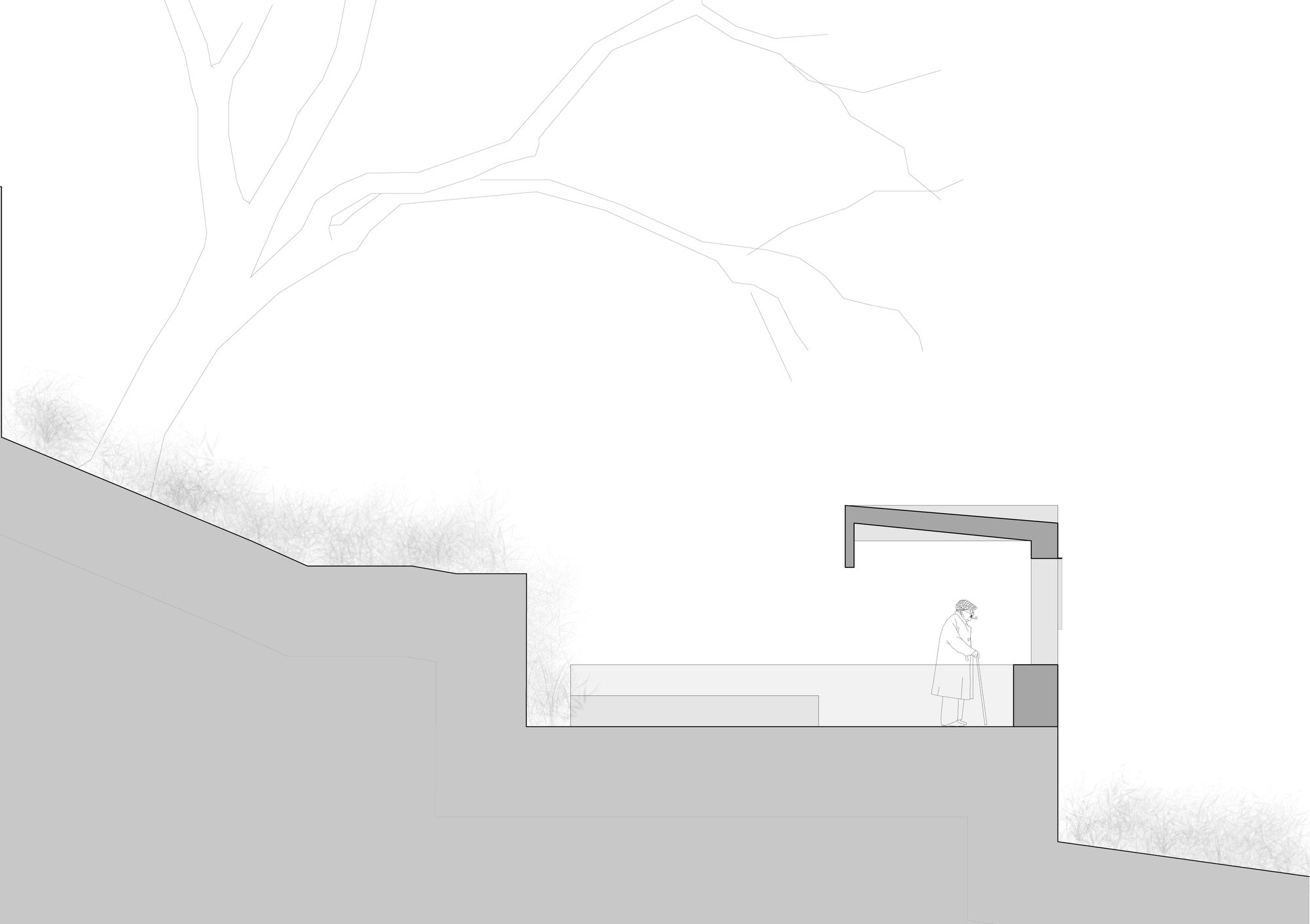 Section drawing of a pavilion with a tilted roof plane and a standing figure with a cane, cut into a terraced slope beneath a tree
