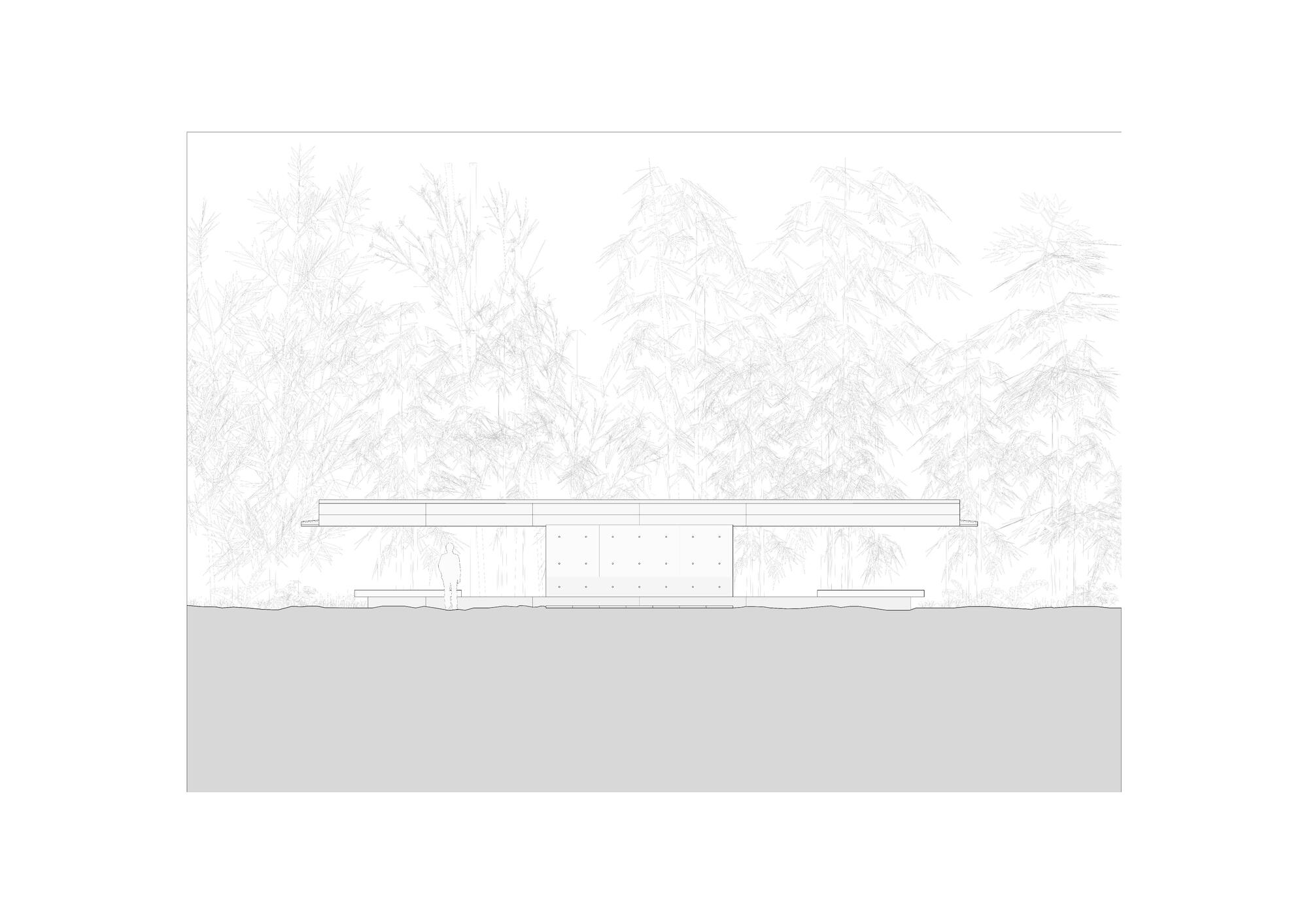 Elevation drawing of a long flat-roofed pavilion with a panelled wall and low benches, set in front of dense sketched bamboo