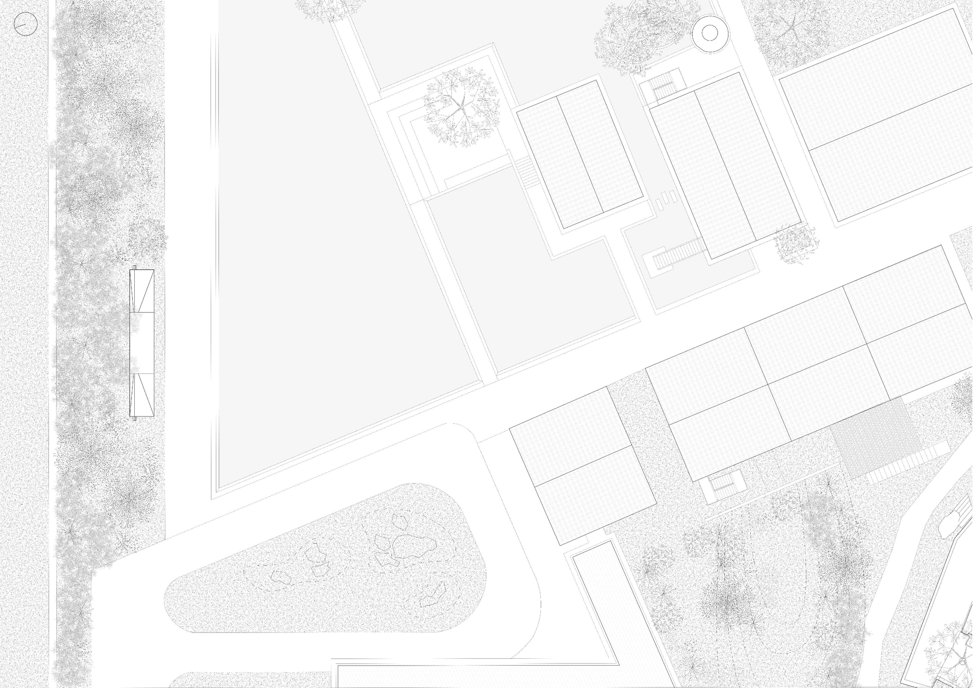 Site plan drawing showing a slim pavilion in a planted strip beside a road, with courtyard roofs, paths and a landscaped island nearby