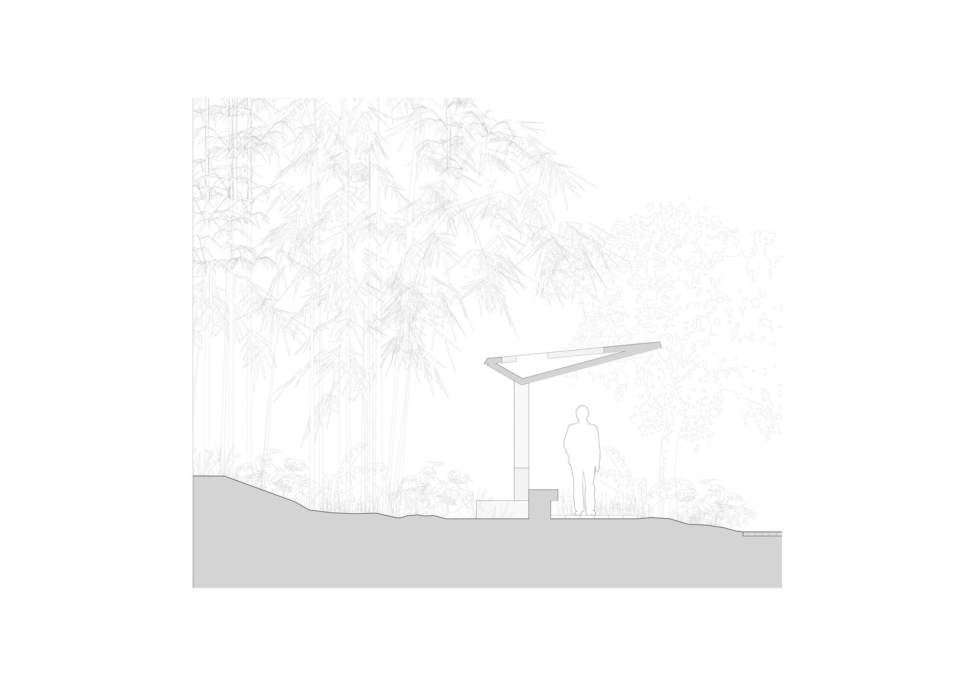 Section drawing of a shelter with a single column, angled roof and bench, with a standing figure in front of a bamboo grove