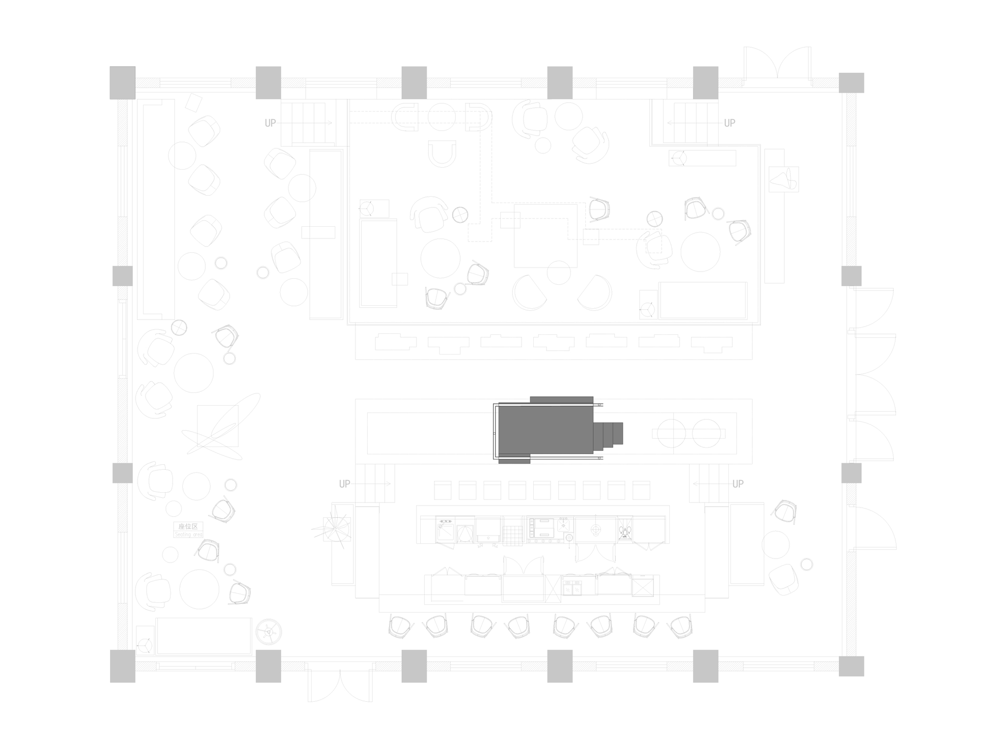Floor plan drawing of a café with a grid of columns, scattered tables, two bar counters and a dark central stepped block