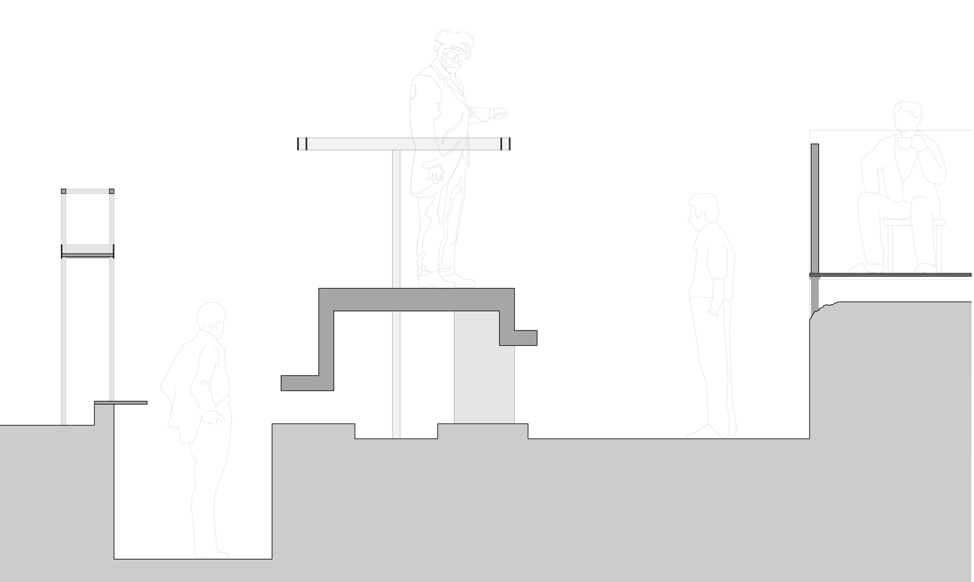 Section drawing showing a stepped platform with a standing figure, a sunken pit at left and a seated figure on a ledge at right
