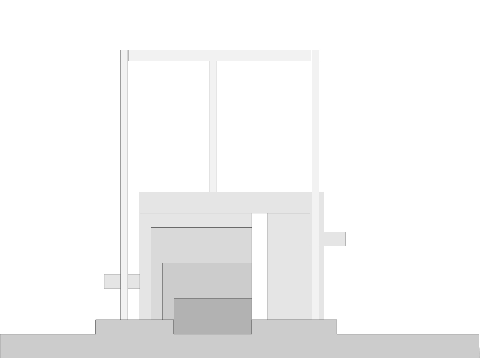 Section drawing of nested stepped volumes in graduated grey tones under a thin roof plate held by slender columns