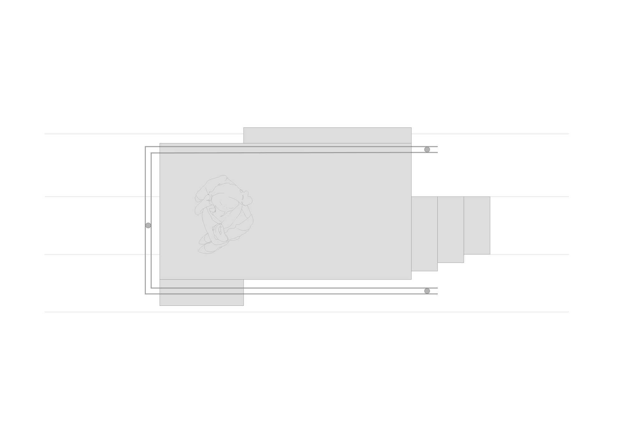 Top-down plan drawing of a rectangular platform with stepped extensions at one end and paired rails around a small sketched figure