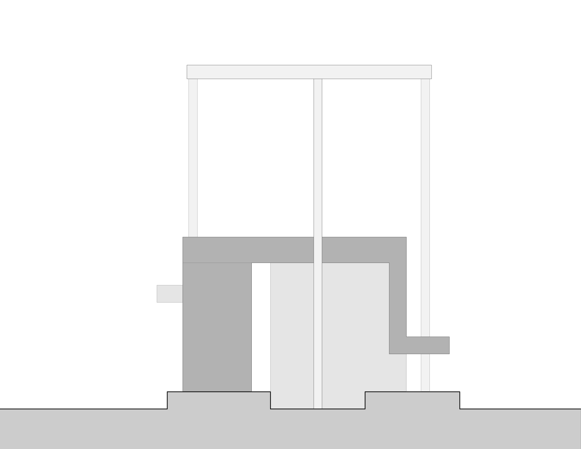 Section drawing of a stepped block with a cantilevered ledge, a central post and a flat roof plate on thin columns