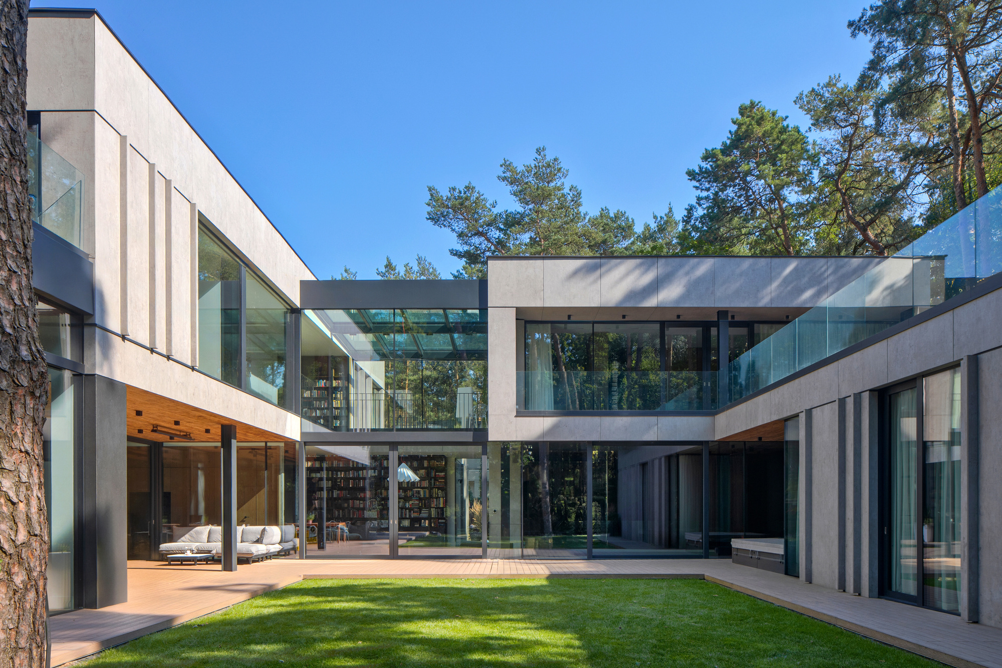 Courtyard elevation with glazed bridge link, glass balustrades and a timber deck meeting a lawn, framed by pine trunks in bright sun