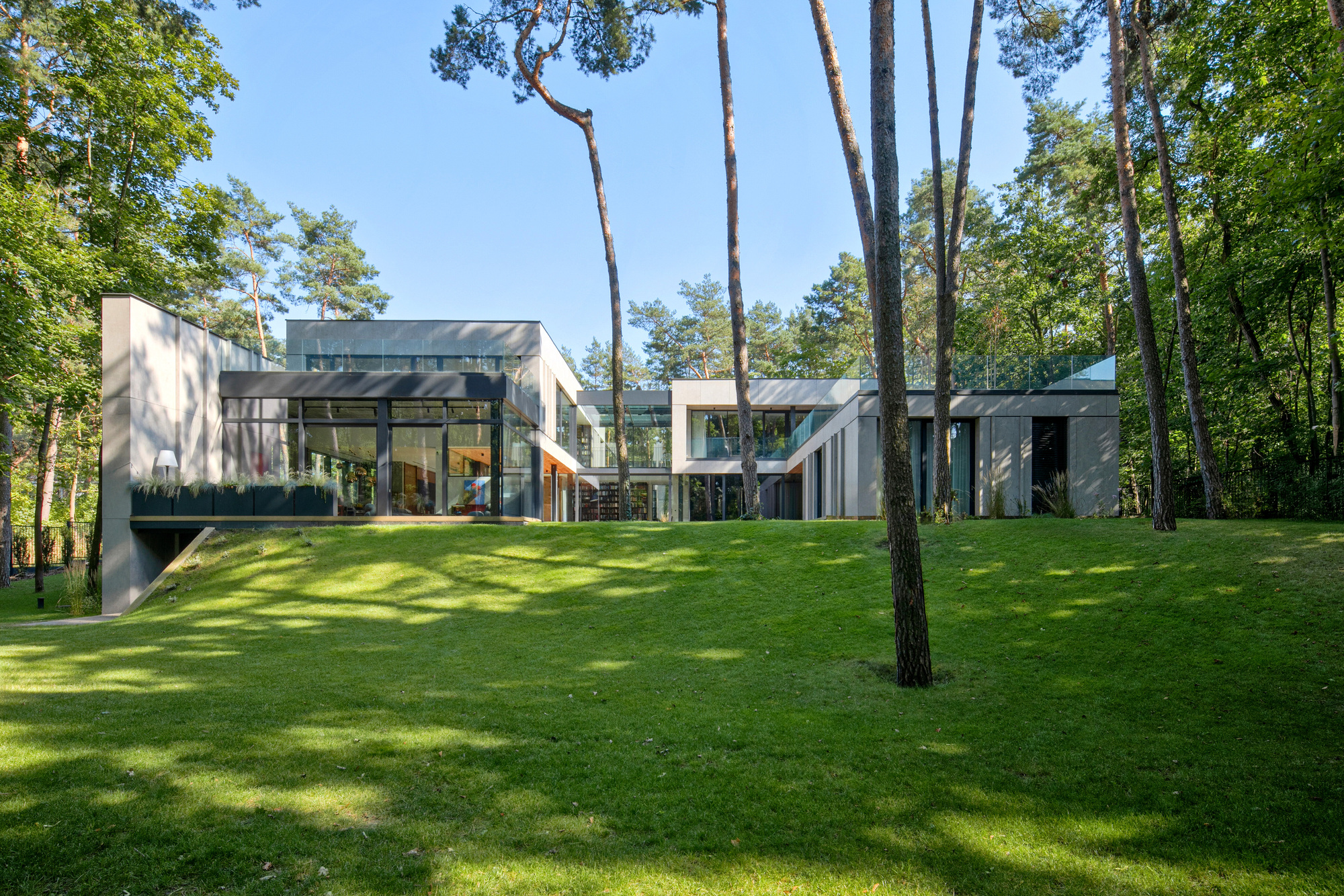 Two-storey house with cantilevered terrace seen across a sloping lawn dappled by shadows from tall pine trunks