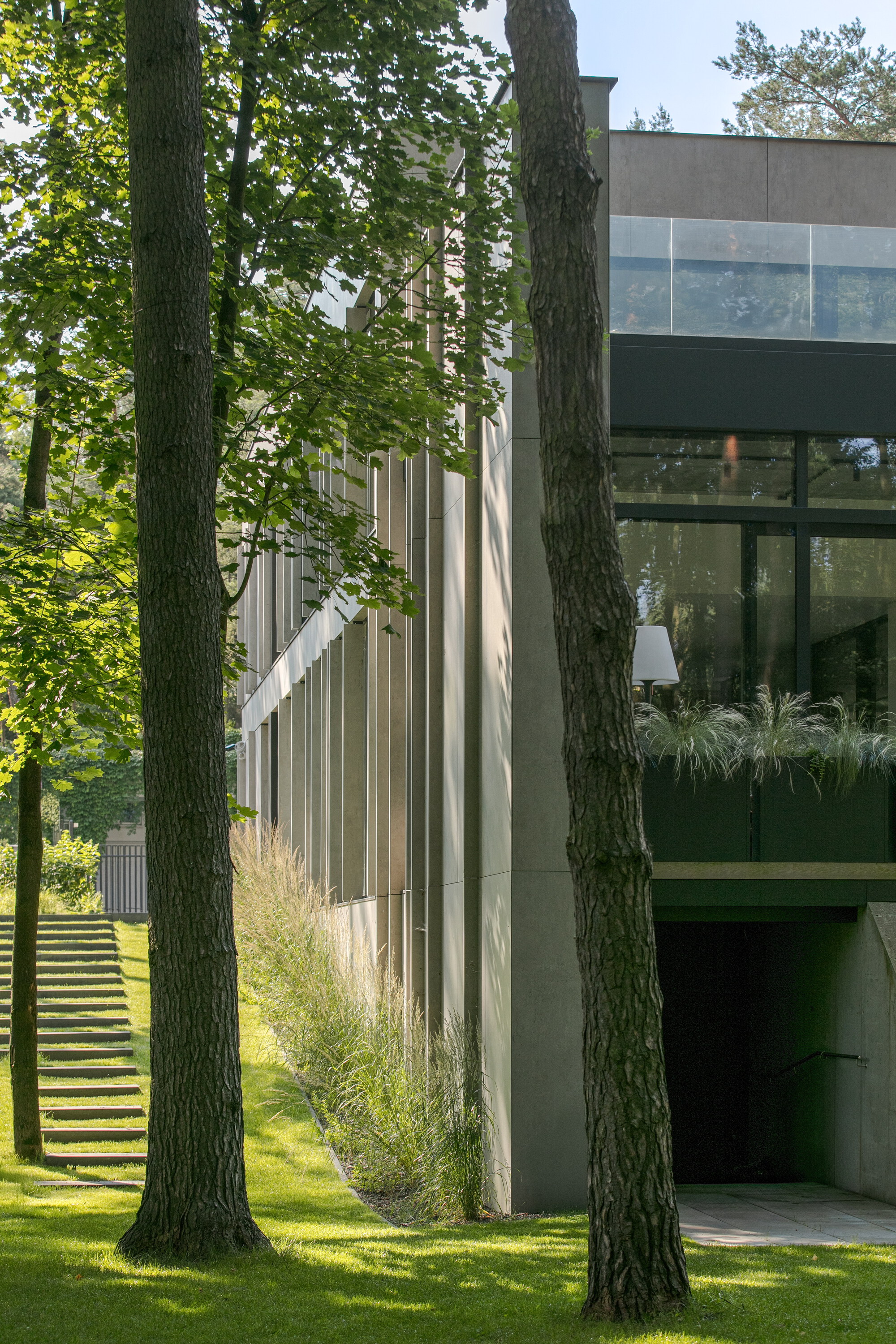Sunken entrance beside the ribbed facade, a planter under glazing, and two tree trunks in the foreground on a green lawn