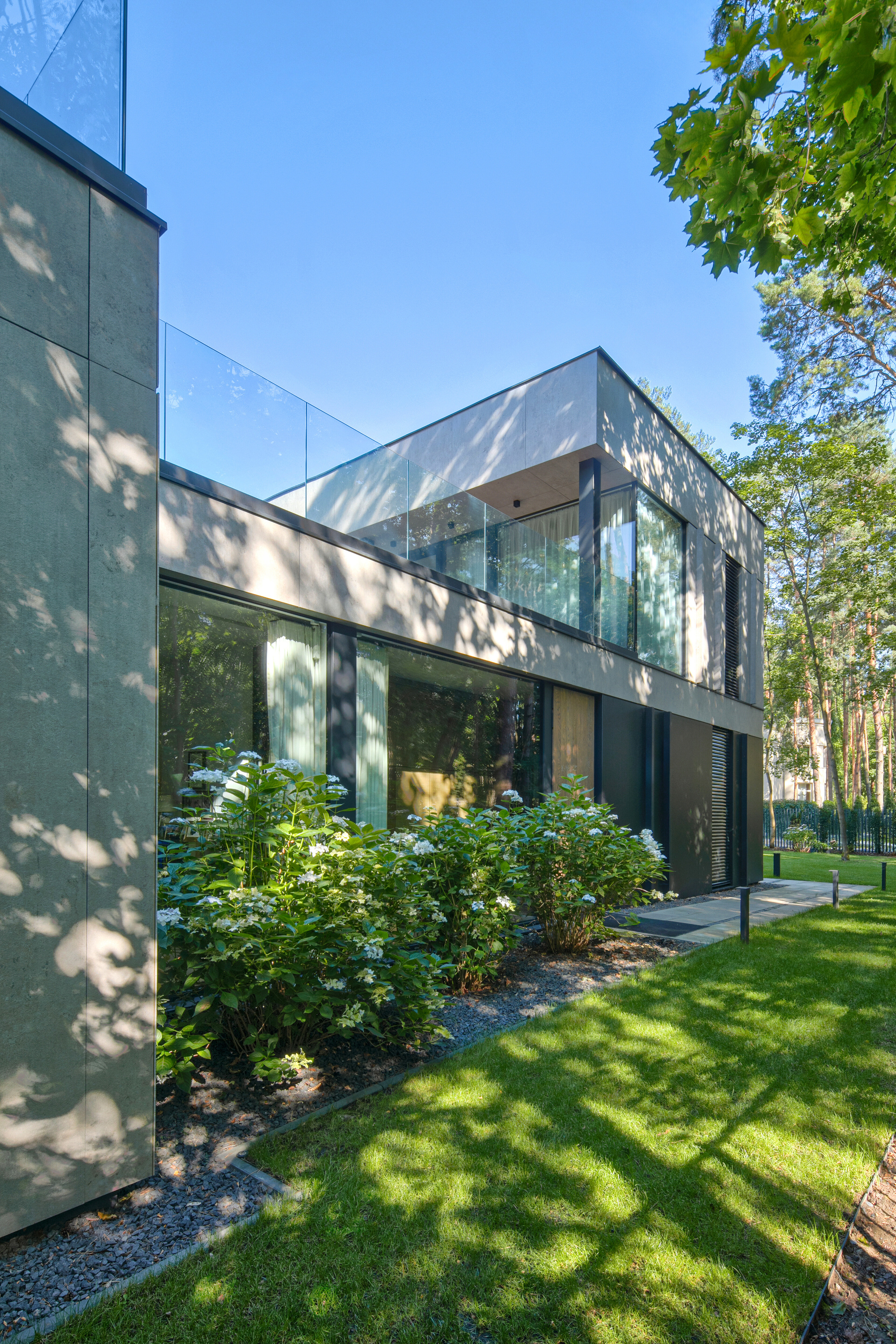 Side facade with glazed ground floor and roof terrace balustrade behind a bed of white hydrangeas in afternoon sun