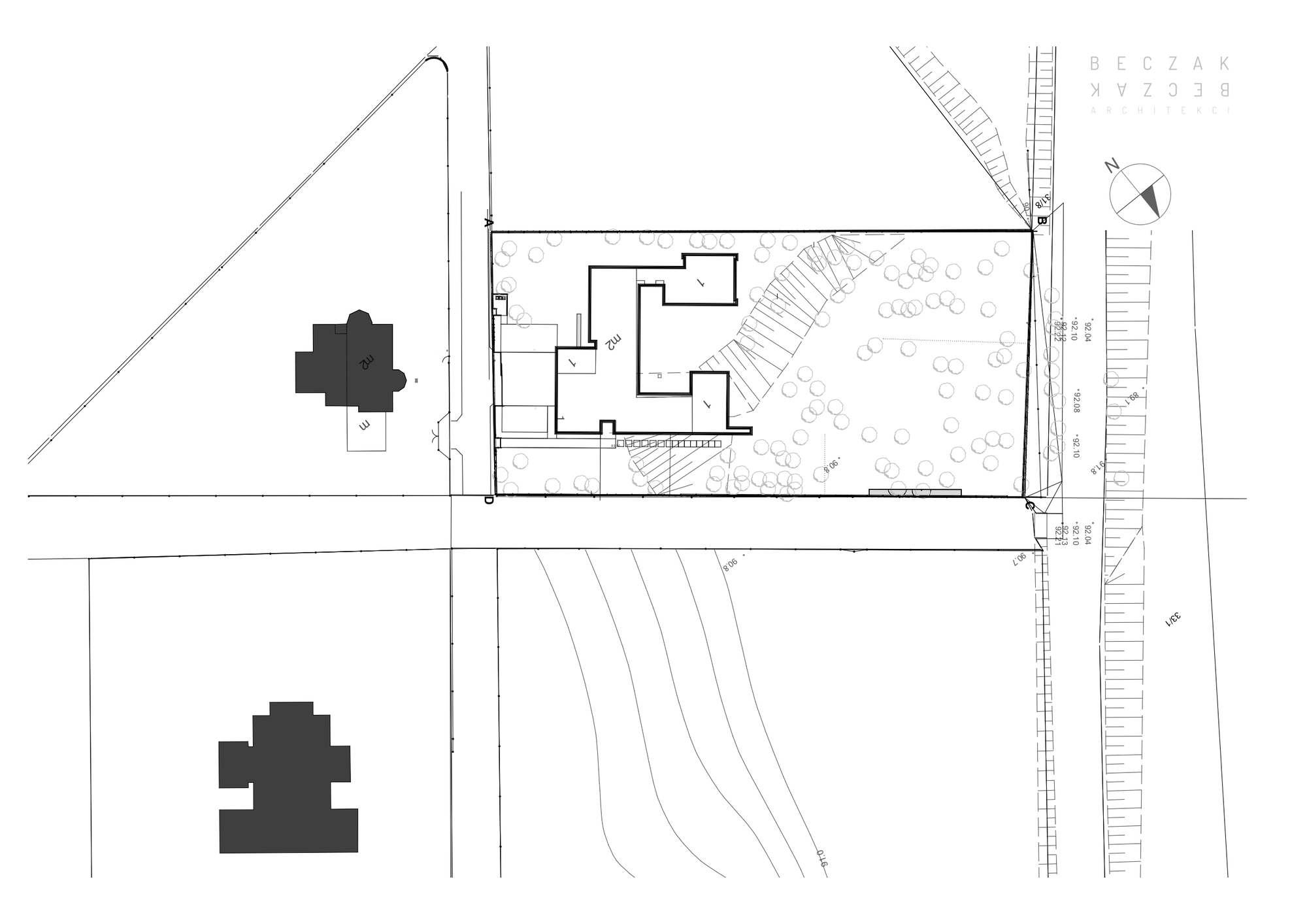 Site plan drawing showing the L-shaped house footprint on a rectangular plot with scattered trees, neighbouring houses and surrounding roads