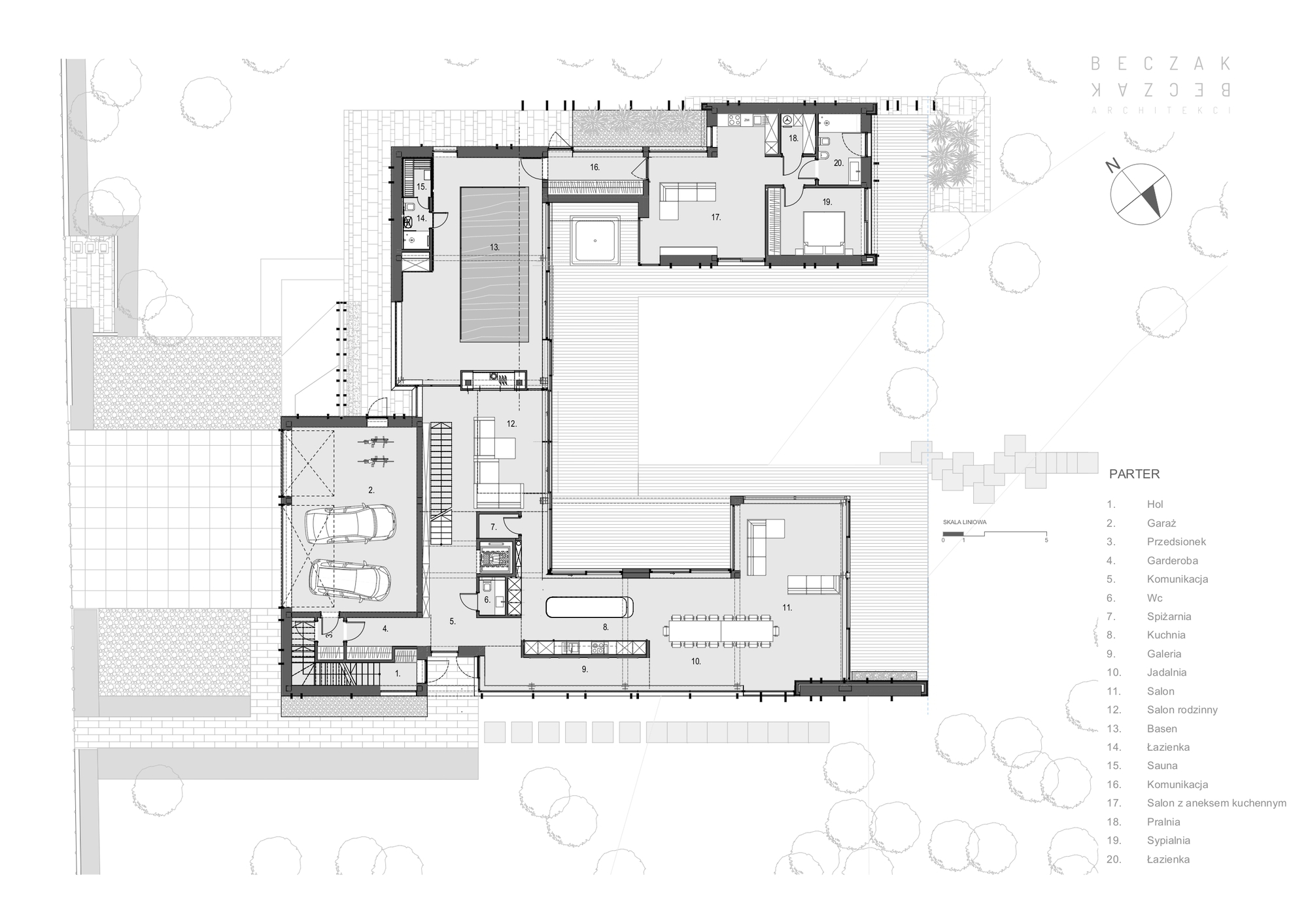 Ground floor plan drawing with garage, kitchen, dining and living rooms wrapped around a courtyard, with numbered room legend