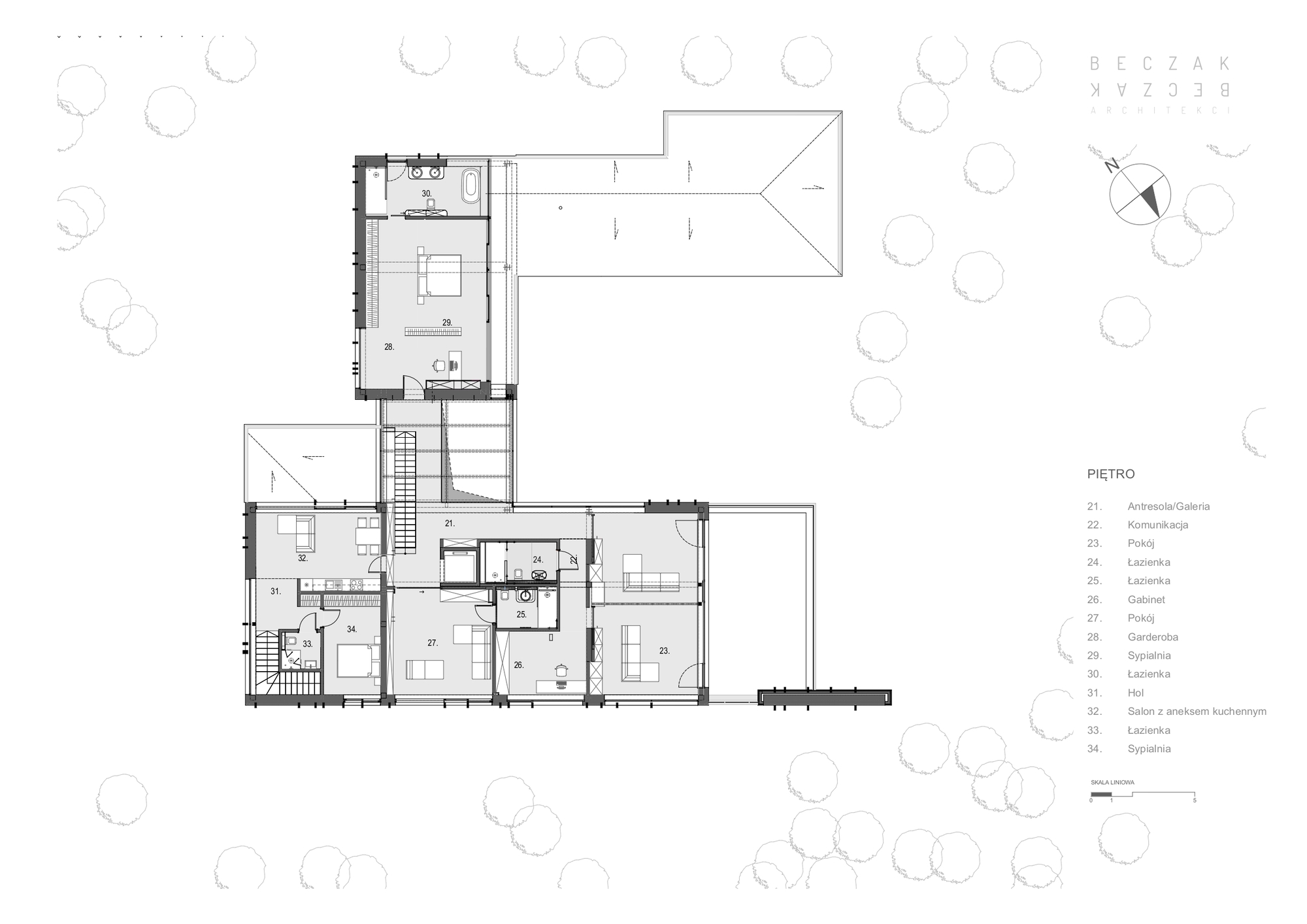 Upper floor plan drawing showing bedrooms, bathrooms and a gallery landing, with a separate master suite volume and roof outlines