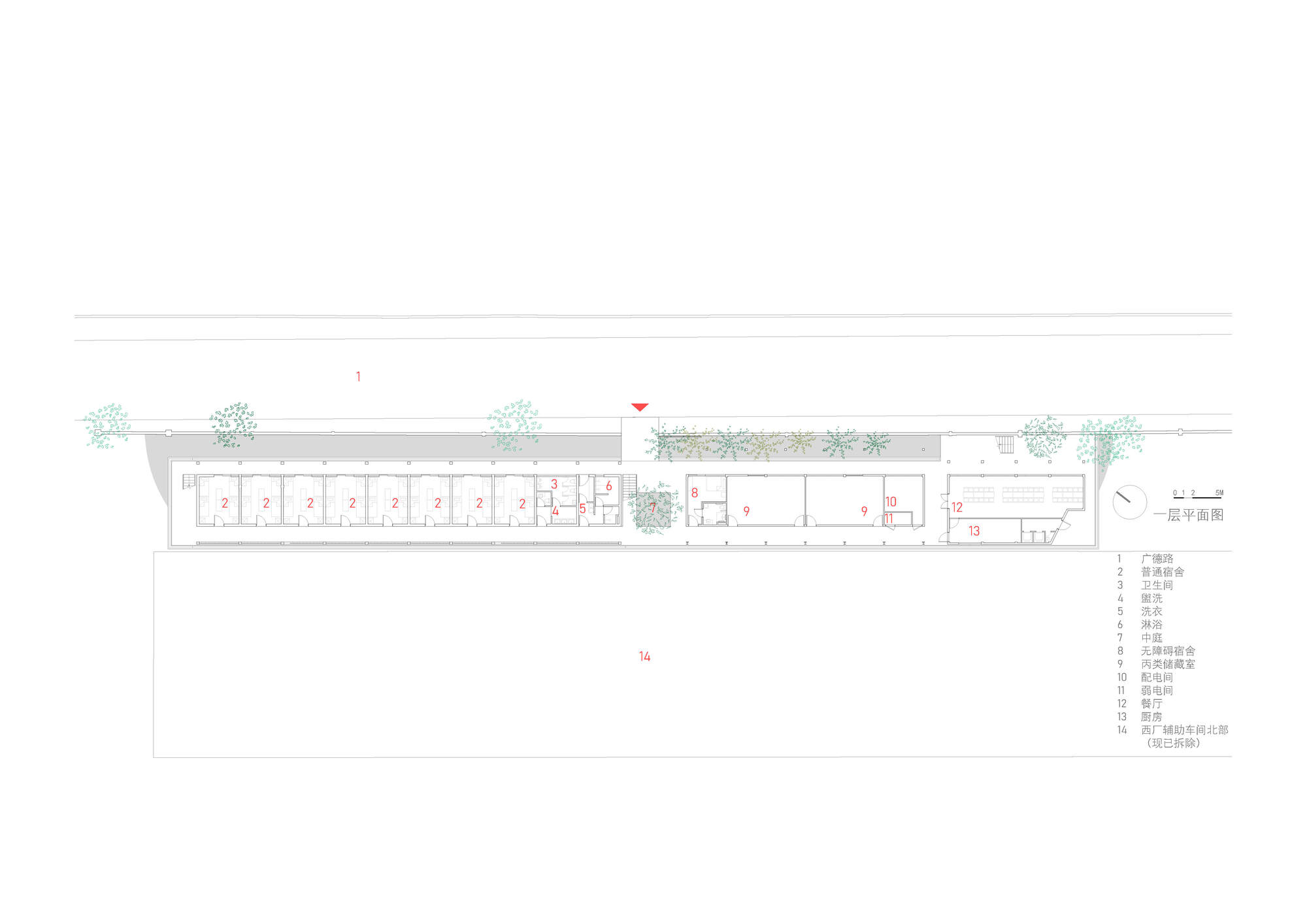 Ground floor plan drawing of a long bar with a row of dorm rooms, a small courtyard tree and service rooms to the east