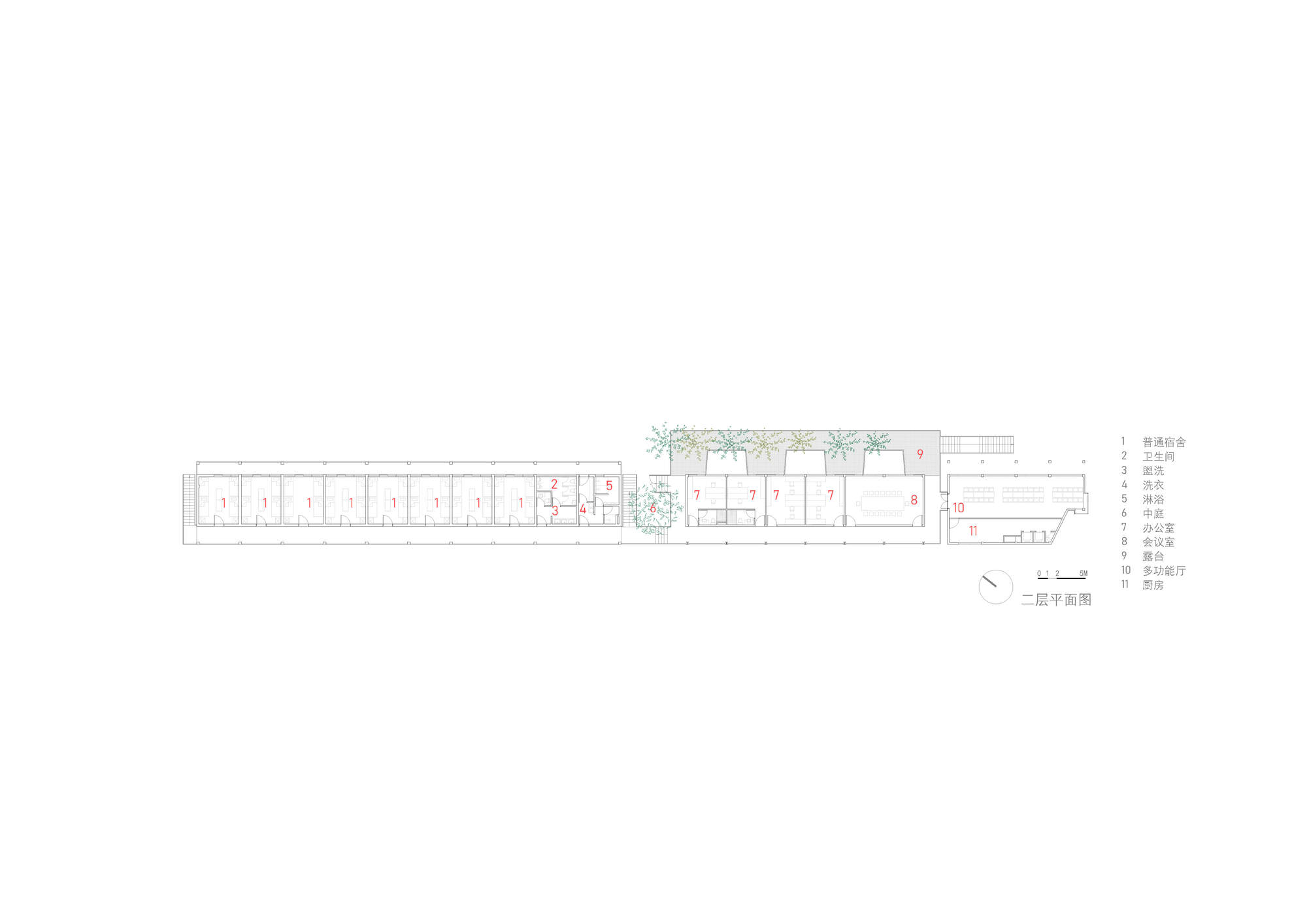 Second floor plan drawing showing a row of identical dorm rooms, a courtyard void and offices with a planted terrace