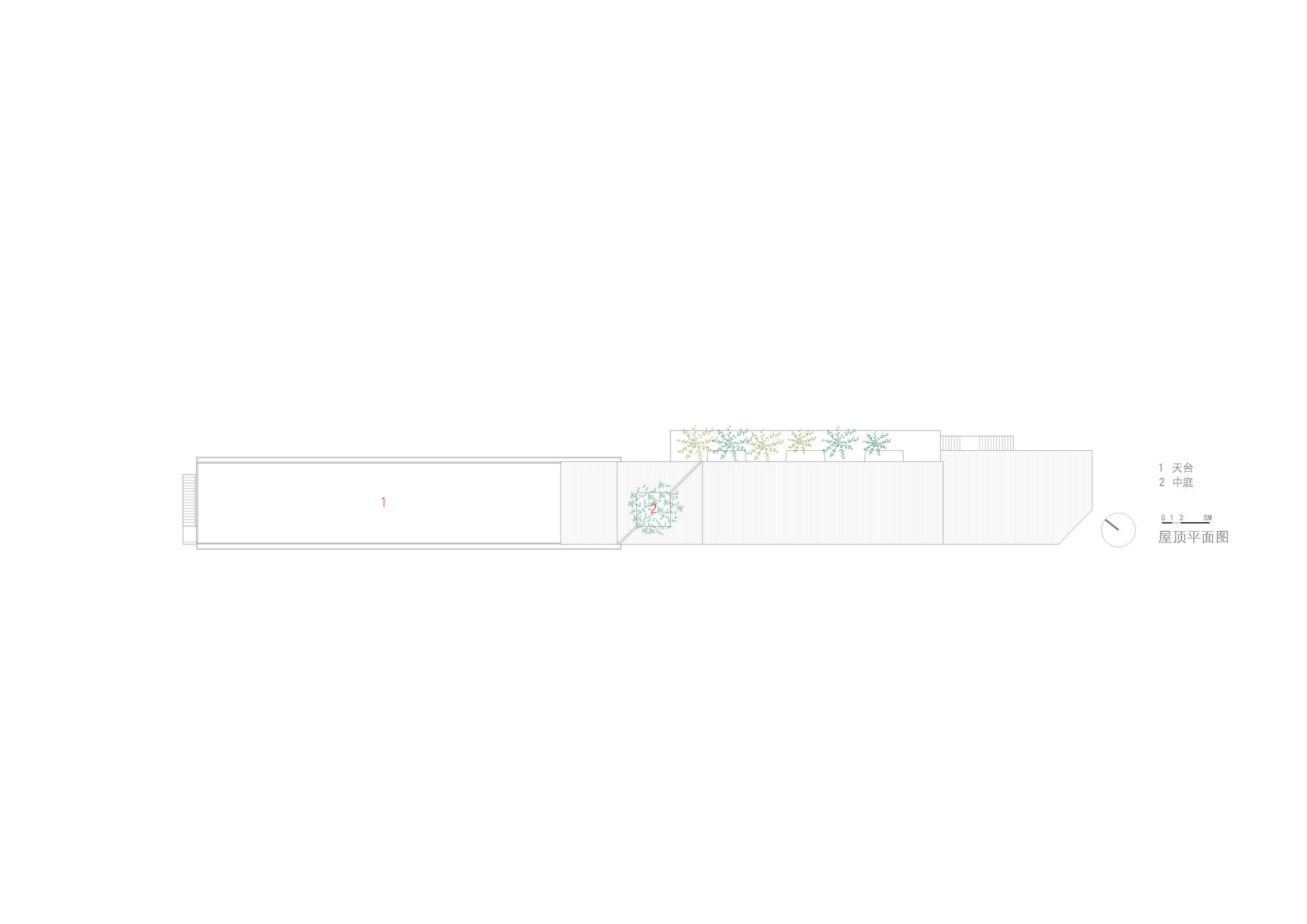 Roof plan drawing showing a large flat rooftop terrace on the long wing, a courtyard tree and a planted roof edge