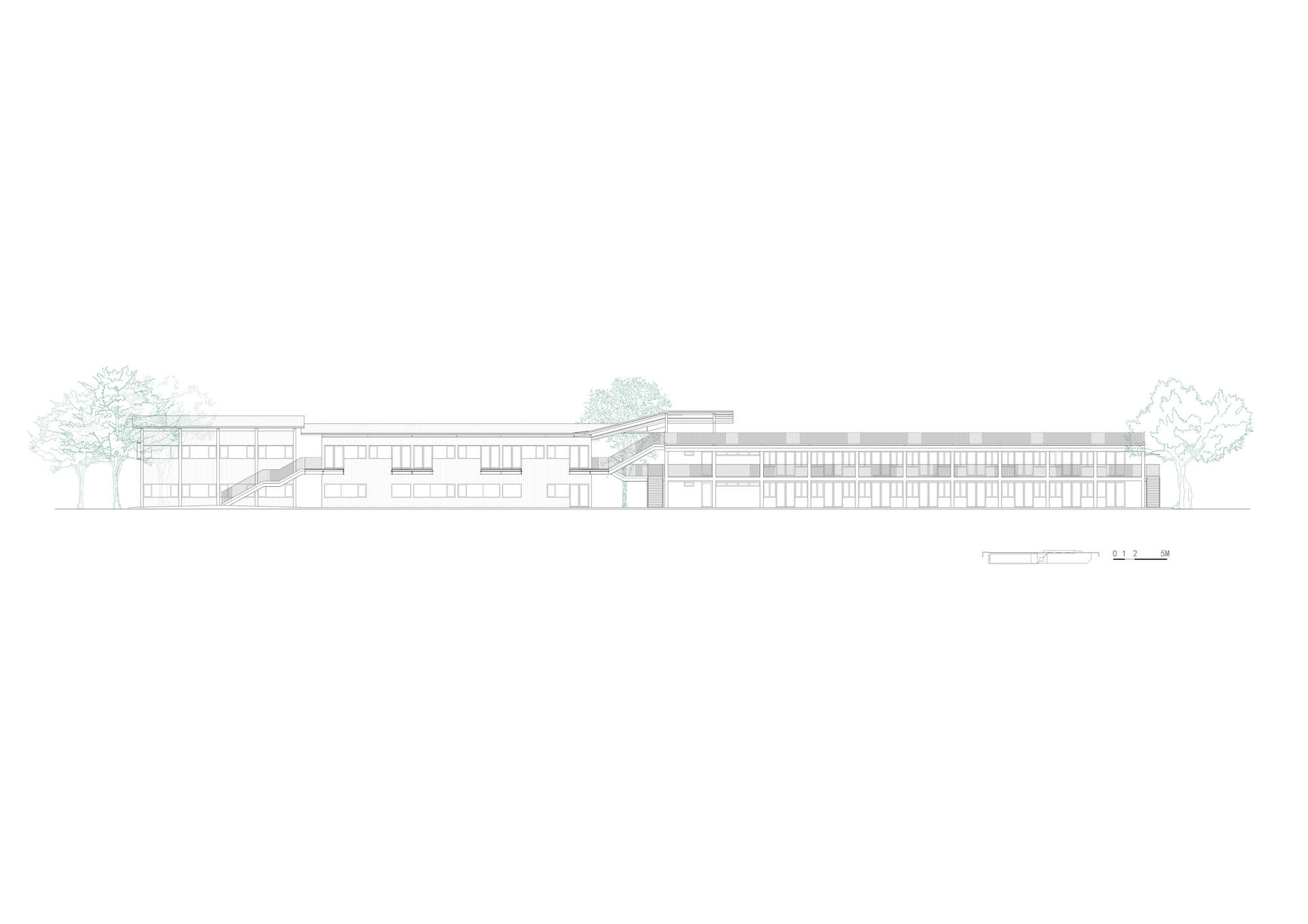 Long elevation drawing of a two-storey building with an exterior stair, a balcony corridor and trees at both ends