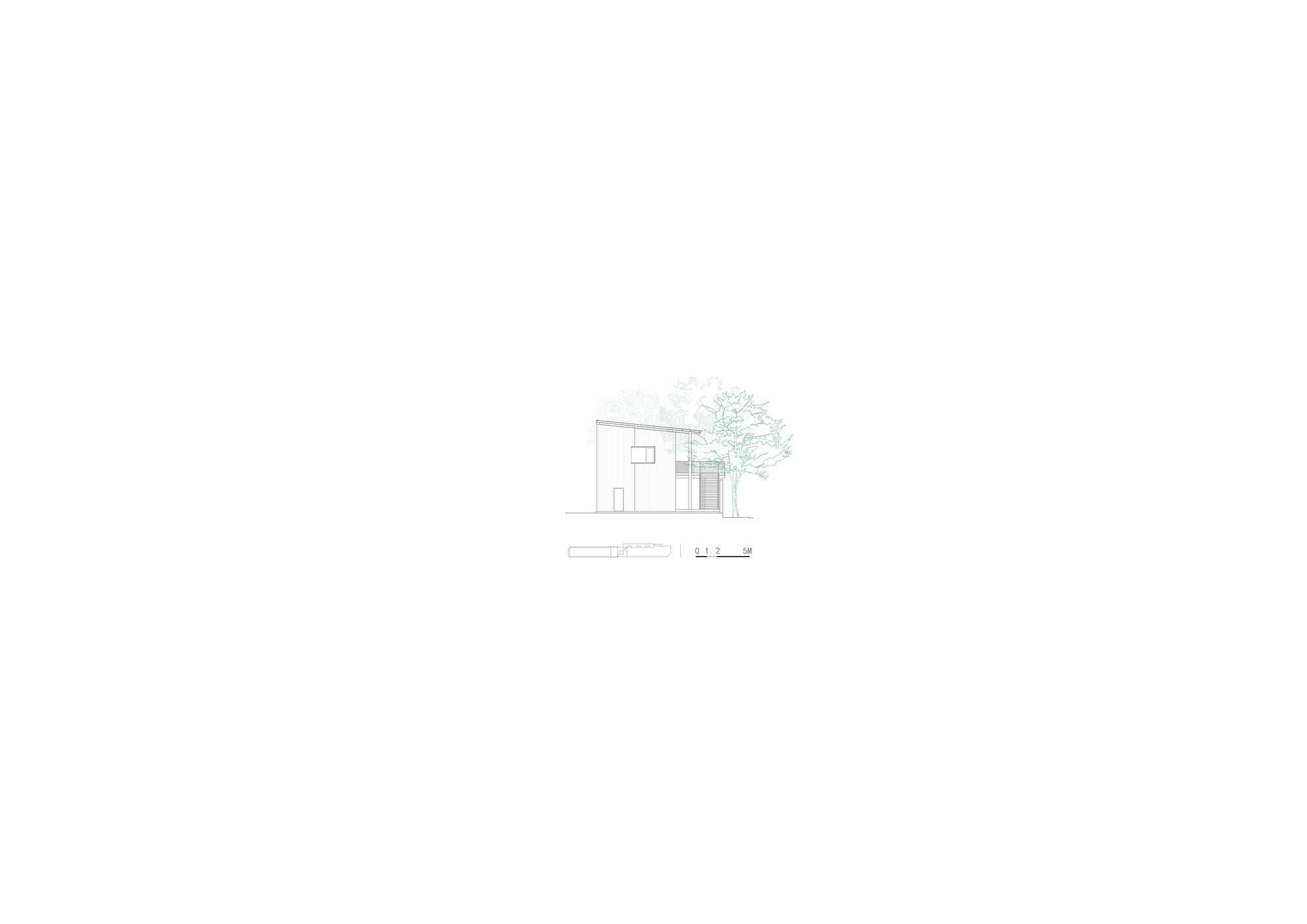 End elevation drawing of a two-storey block with a single square window and a tree at the right edge