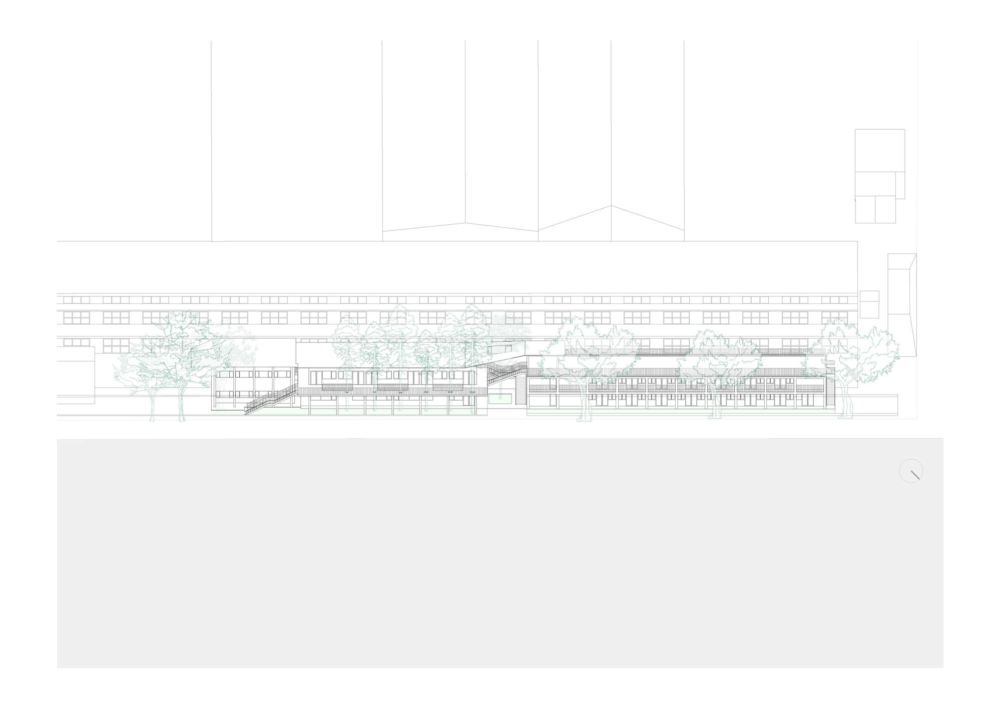 Street elevation drawing of a low building row with stair and trees set in front of a long multi-storey block