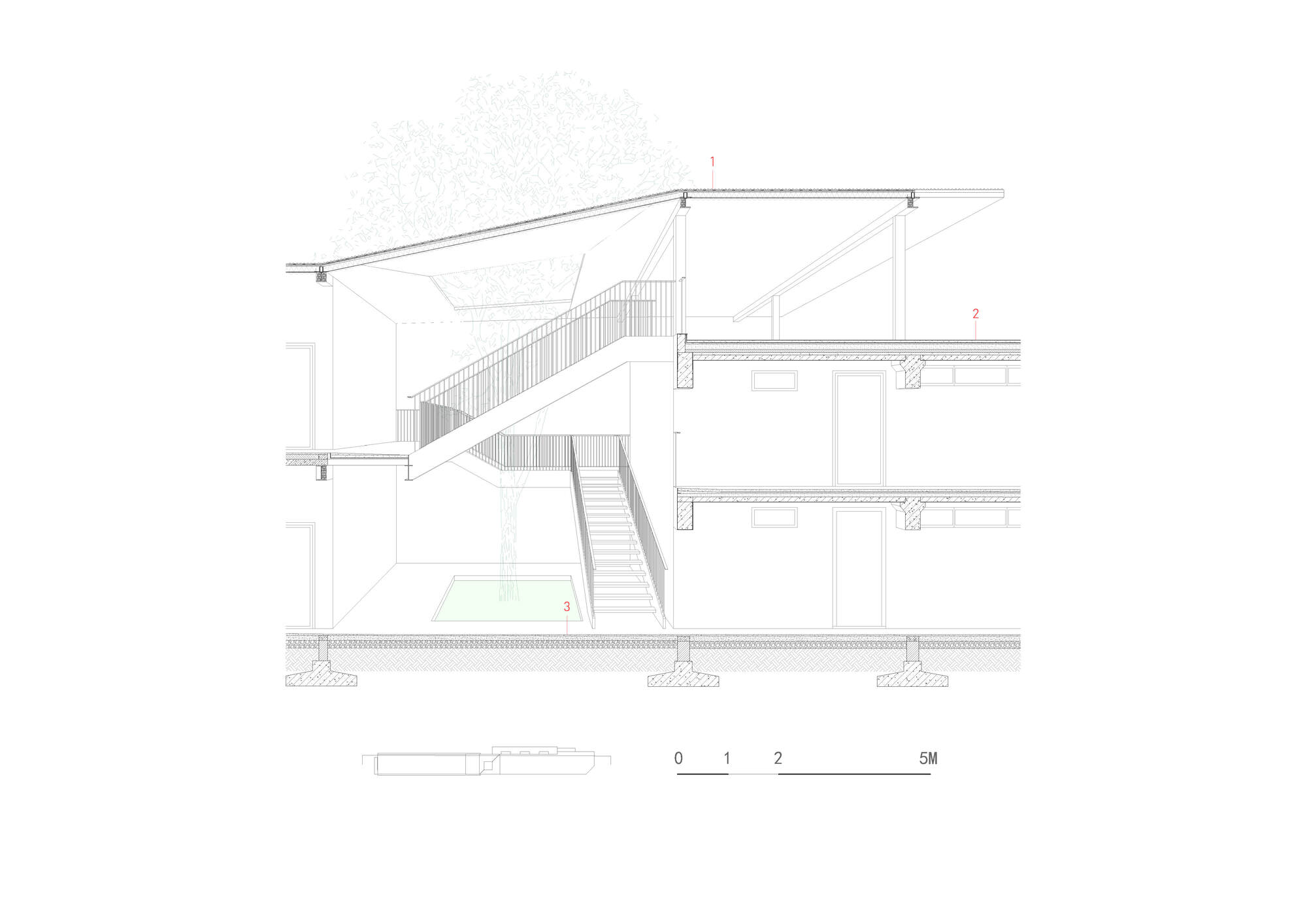 Building section drawing showing a courtyard tree, two stair flights and a sloped roof over two floors with footings below
