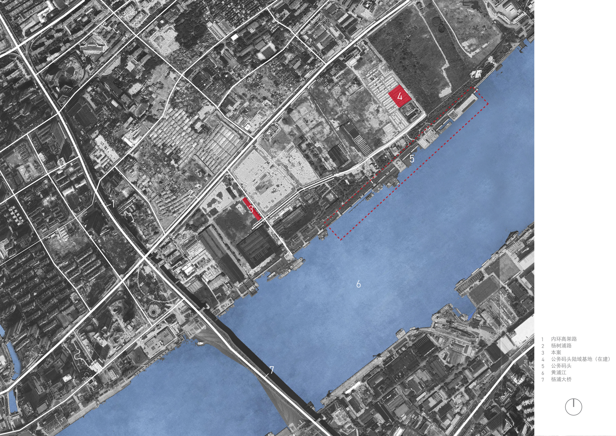 Annotated aerial site map with a river bend, bridge and waterfront edge, two plots marked in red and a dashed boundary