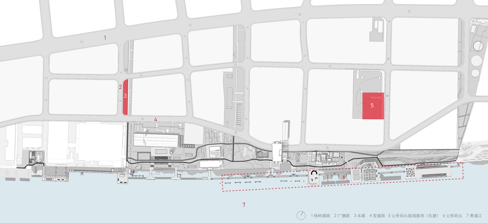 Site plan drawing of street blocks along the riverfront, with the project plot in red and a dashed waterfront zone