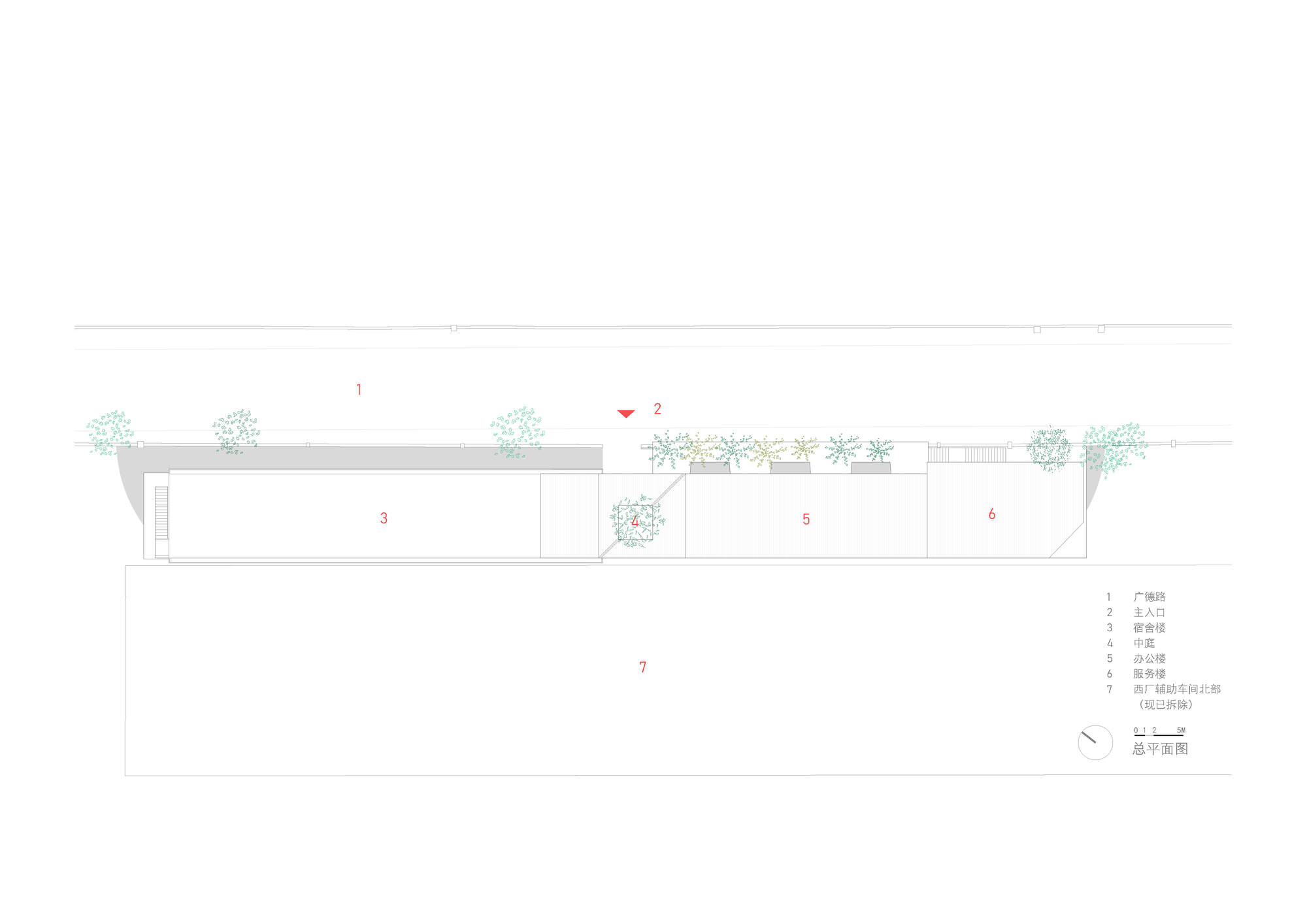 Site plan drawing of a long narrow building with a central courtyard tree, entrance marker and planted terrace beside the street