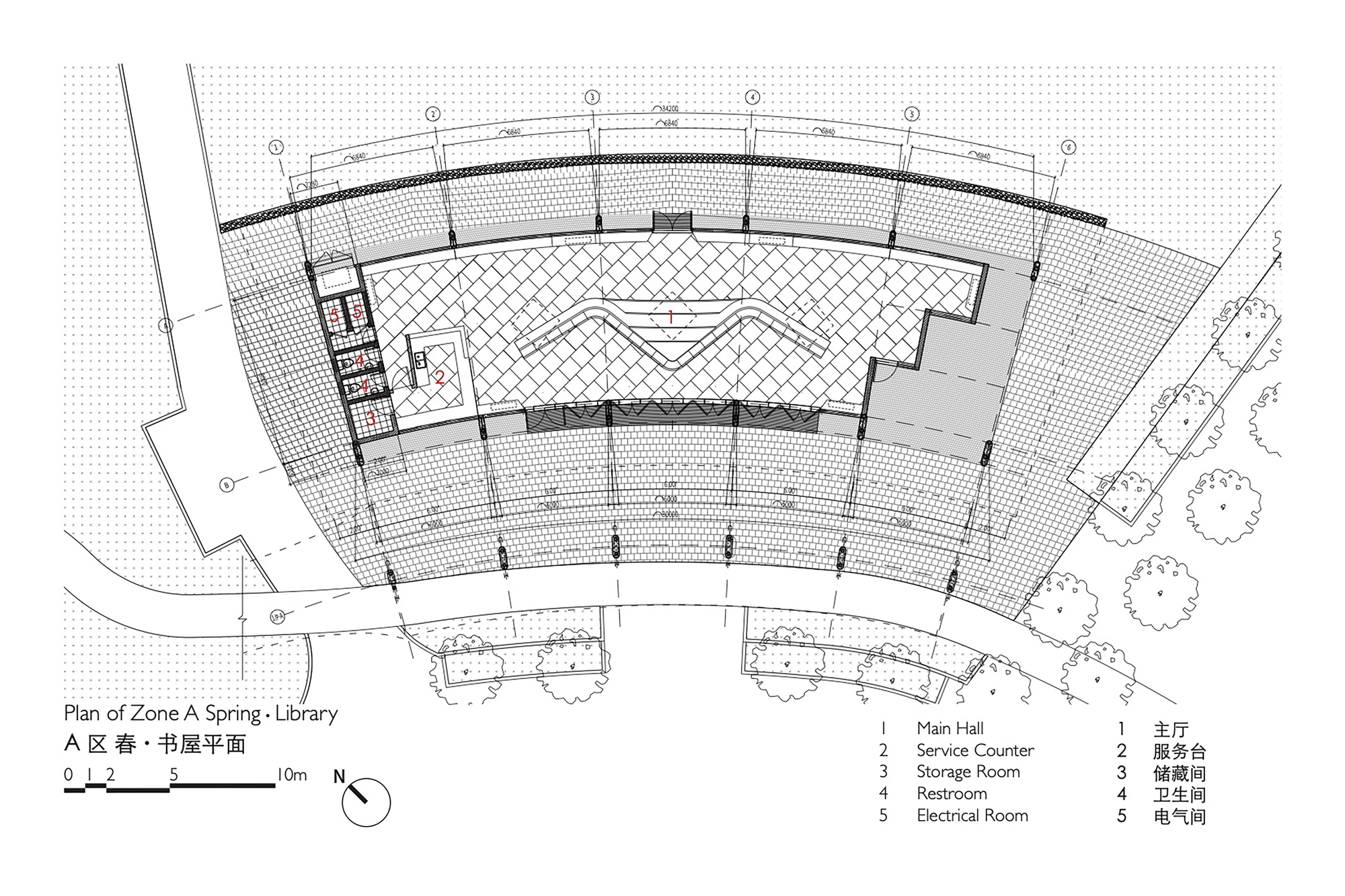 Floor plan drawing of a curved library pavilion with main hall, service counter, storage, restroom and electrical room, surrounded by paving and trees
