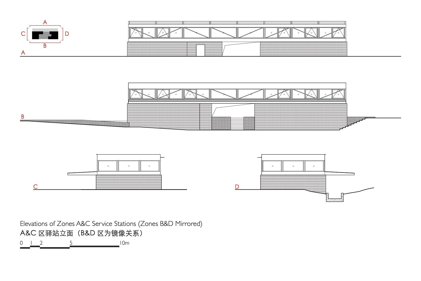 Elevation drawing of service station facades in four views, showing glazed braced upper volumes above brick base walls with a central stair opening