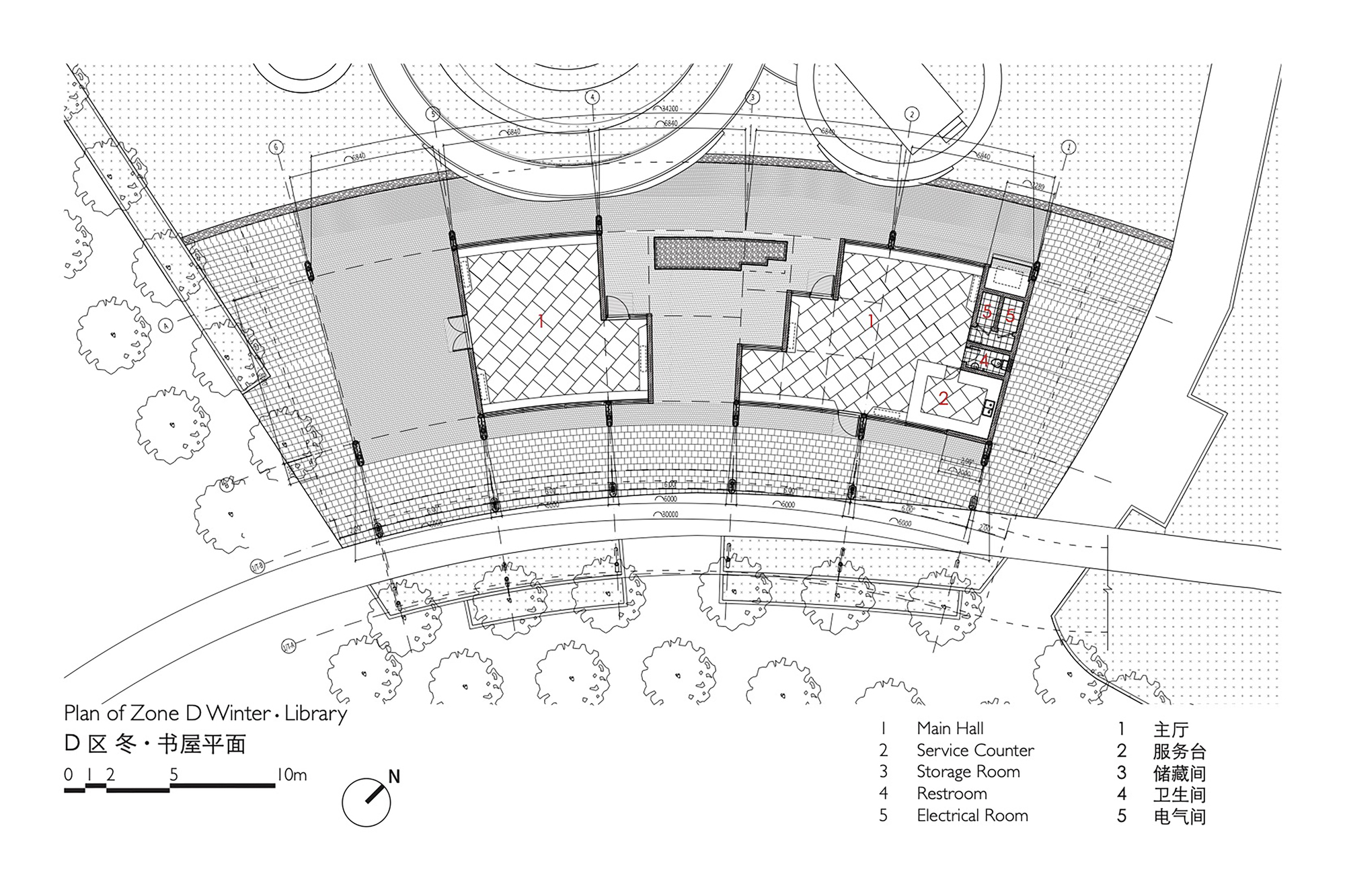 Floor plan drawing of a curved library pavilion with two main halls, a service counter and small utility rooms along a pathway