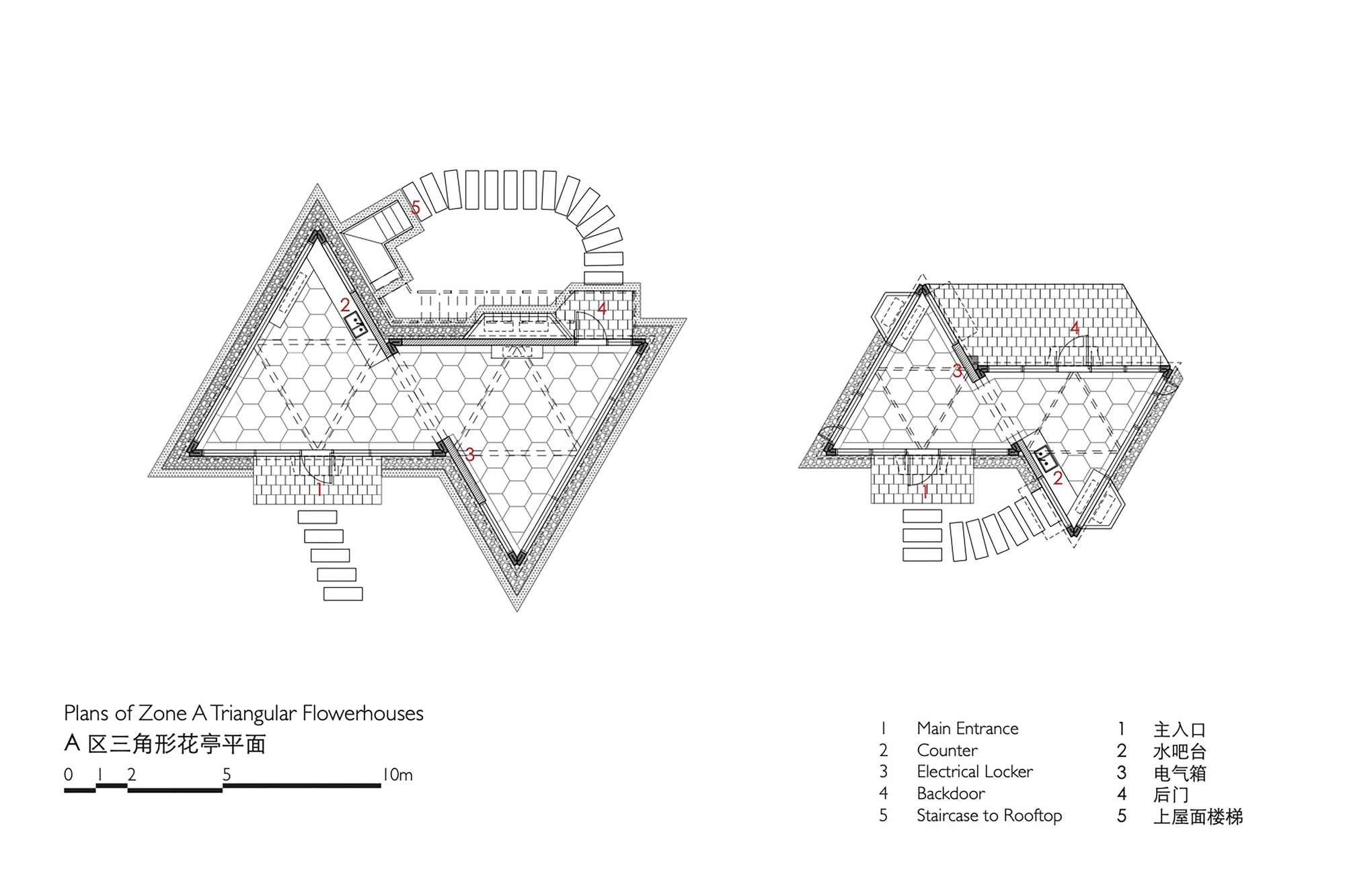 Plan drawing of two triangular flowerhouses with hexagonal floor patterns, entrance steps, counters and a curved rooftop staircase