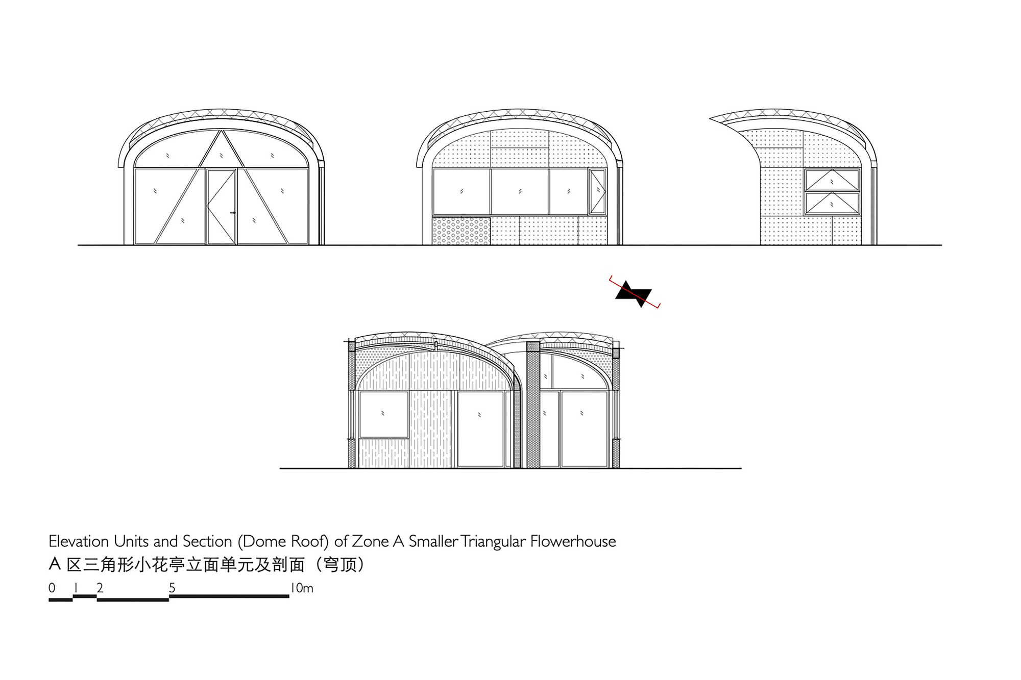 Elevation and section drawings of a small triangular flowerhouse, showing glazed walls beneath curved dome roofs in four views