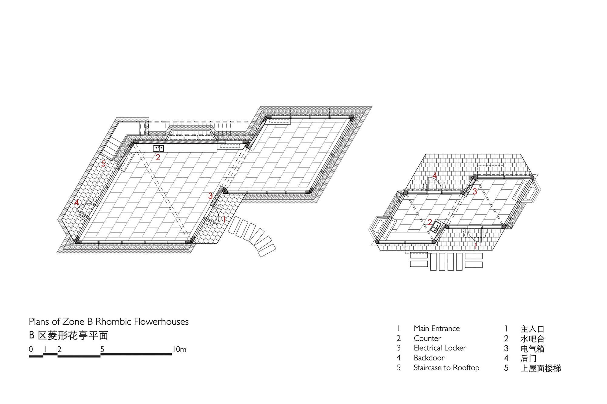 Plan drawing of two rhombic flowerhouses with tiled floors, counters, entrance steps and a rooftop staircase at the larger volume
